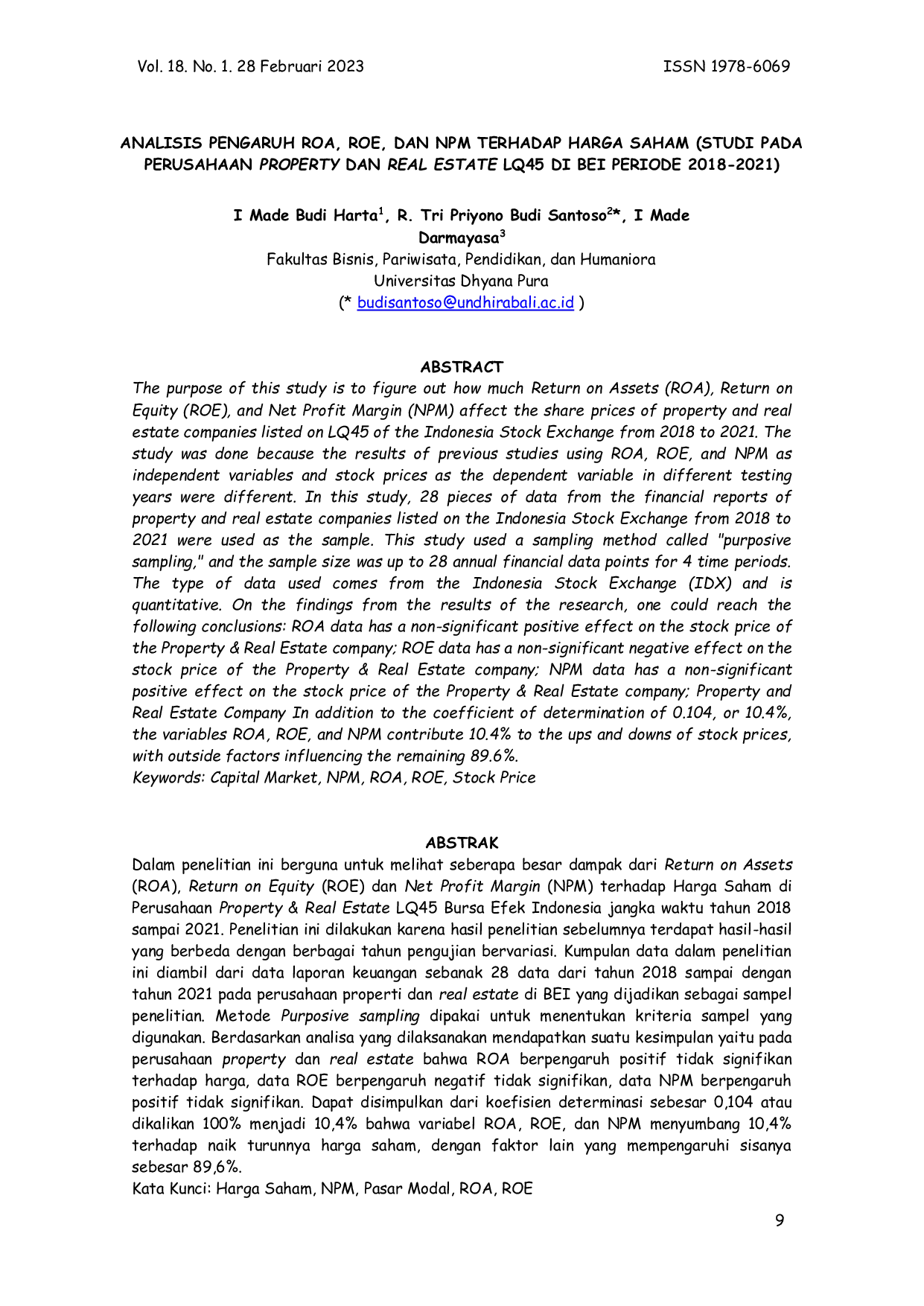 JURIS Analisis Pengaruh ROA ROE dan NPM Terhadap Harga Saham Studi Pada Perusahaan Property dan Real Estate LQ45 di BEI Periode 2018 2021