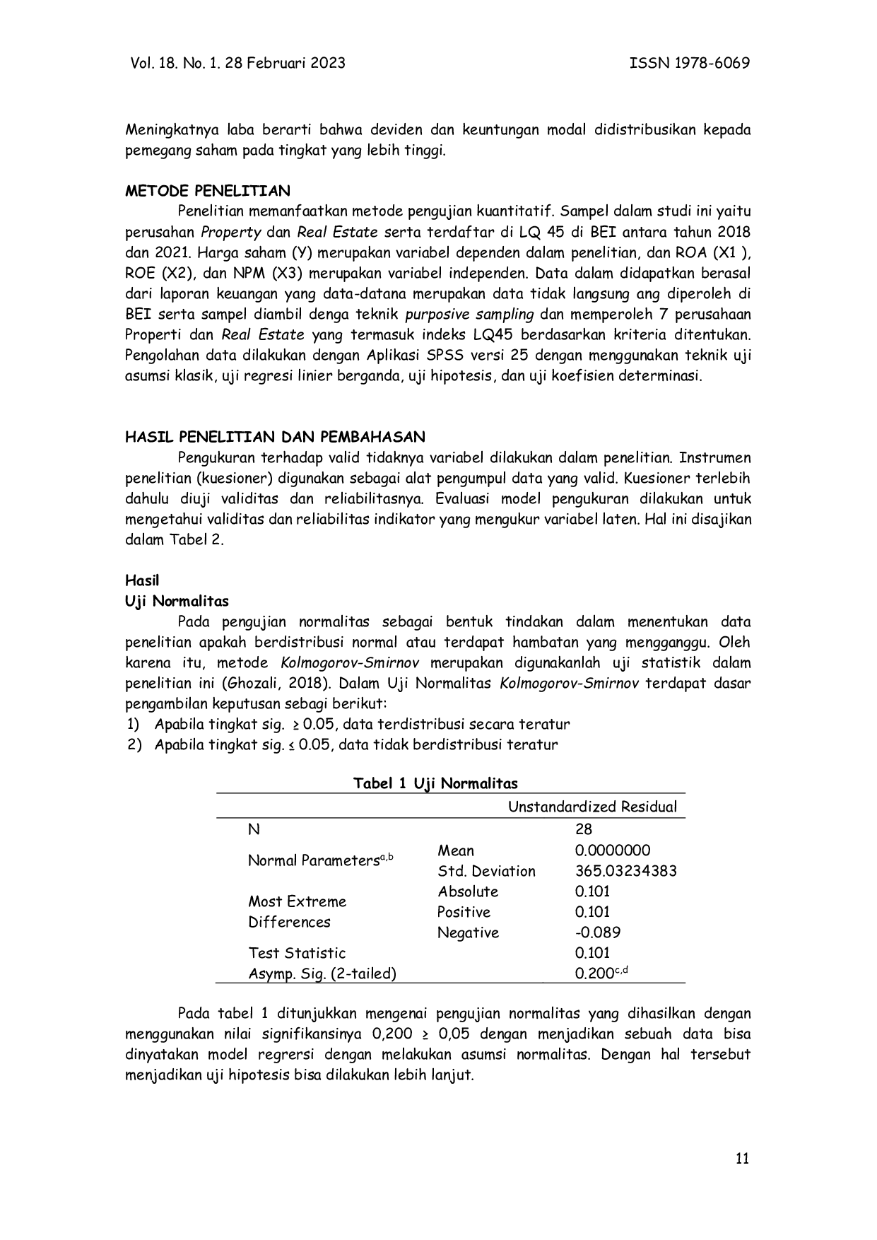 JURIS Analisis Pengaruh ROA ROE dan NPM Terhadap Harga Saham Studi Pada Perusahaan Property dan Real Estate LQ45 di BEI Periode 2018 2021