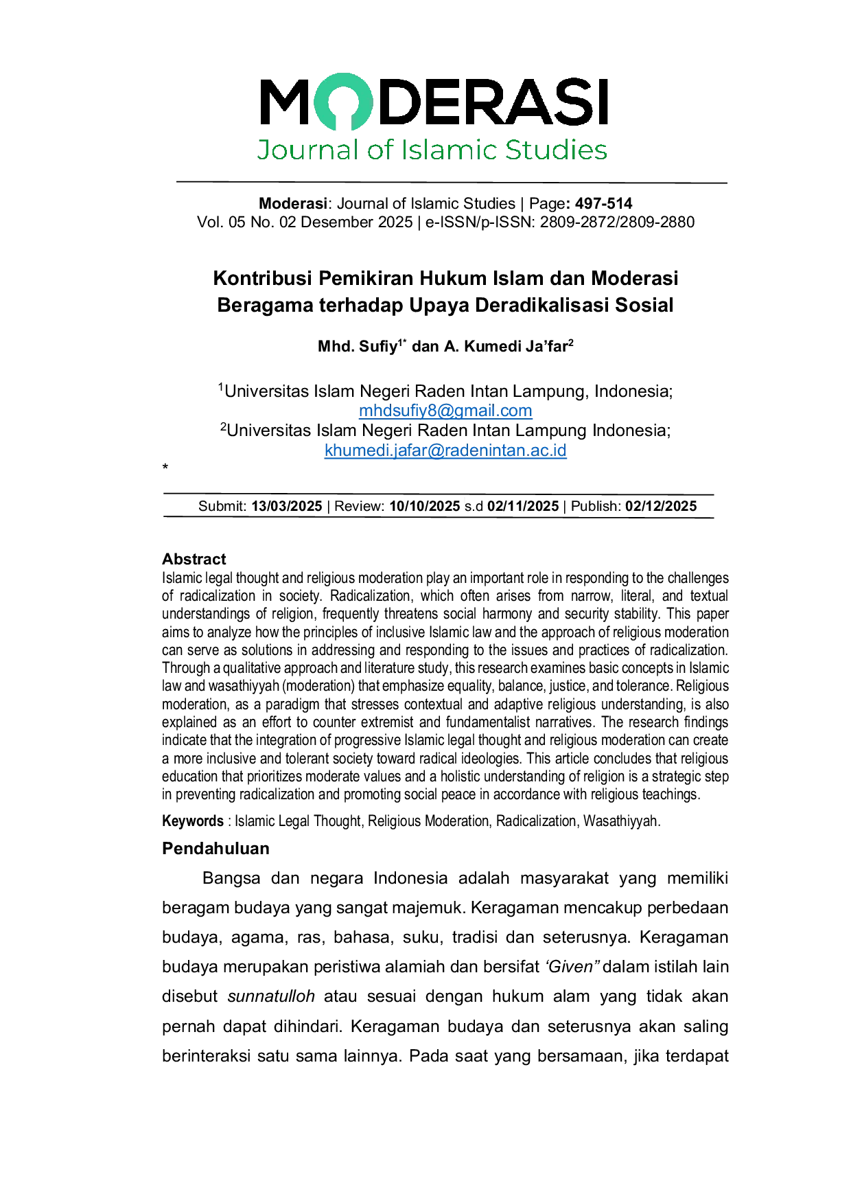 JURIS Kontribusi Pemikiran Hukum Islam dan Moderasi Beragama terhadap Upaya Deradikalisasi Sosial