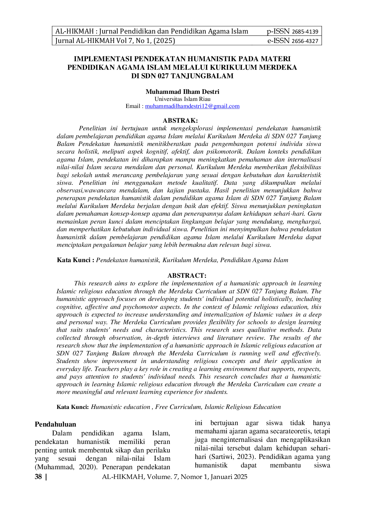 JURIS Implementasi Pendekatan Humanistik Pada Materi Pendidikan Agama Islam Melalui Kurikulum Merdeka Di Sdn 027 Tanjungbalam