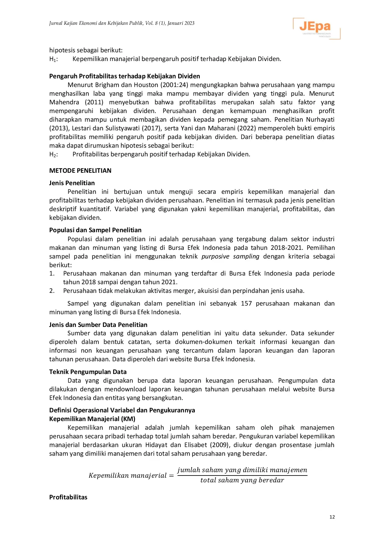 JURIS Pengaruh Kepemilikan Manajerial dan Profitabilitas Terhadap Kebijakan Dividen