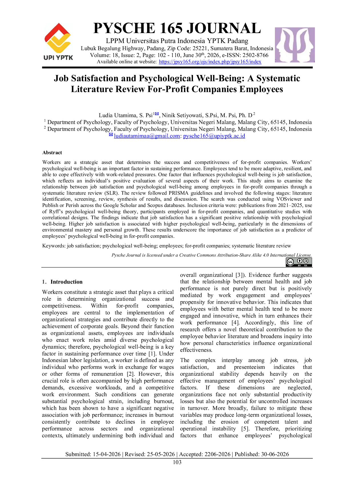 JURIS The Relationship Between Job Satisfaction and Psychological Well being of Workers in Profit Companies