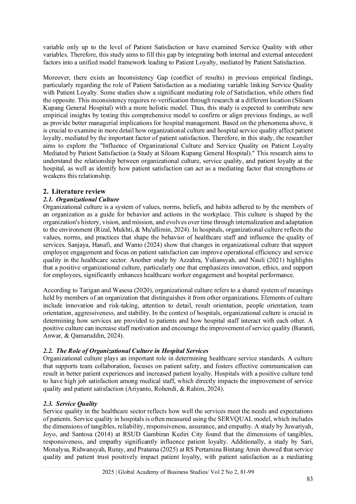 JURIS The effect of organizational culture and service quality on patient loyalty mediated by patient satisfaction