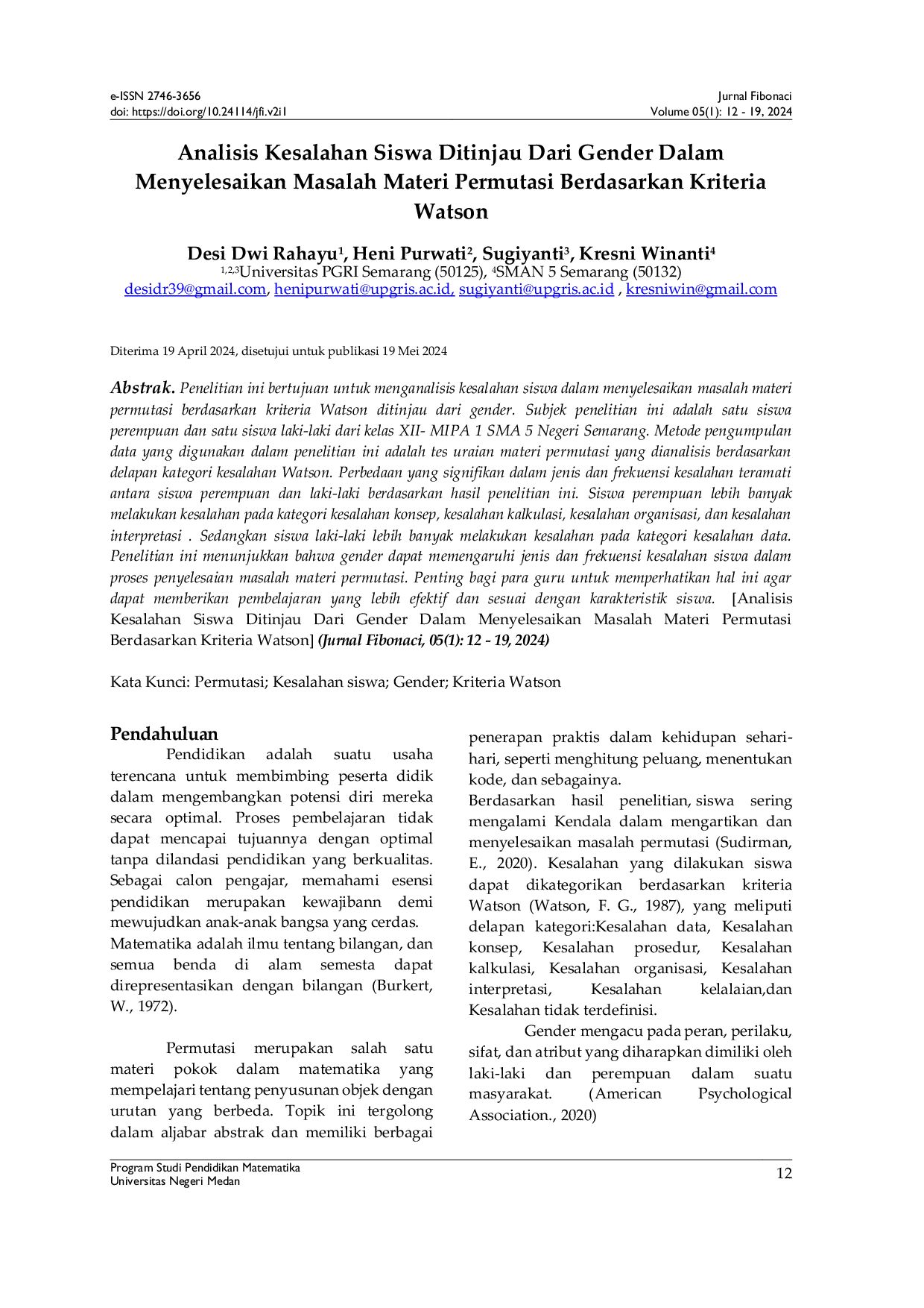 JURIS Analisis Kesalahan Siswa Ditinjau Dari Gender Dalam Menyelesaikan Masalah Materi Permutasi Berdasarkan Kriteria Watson
