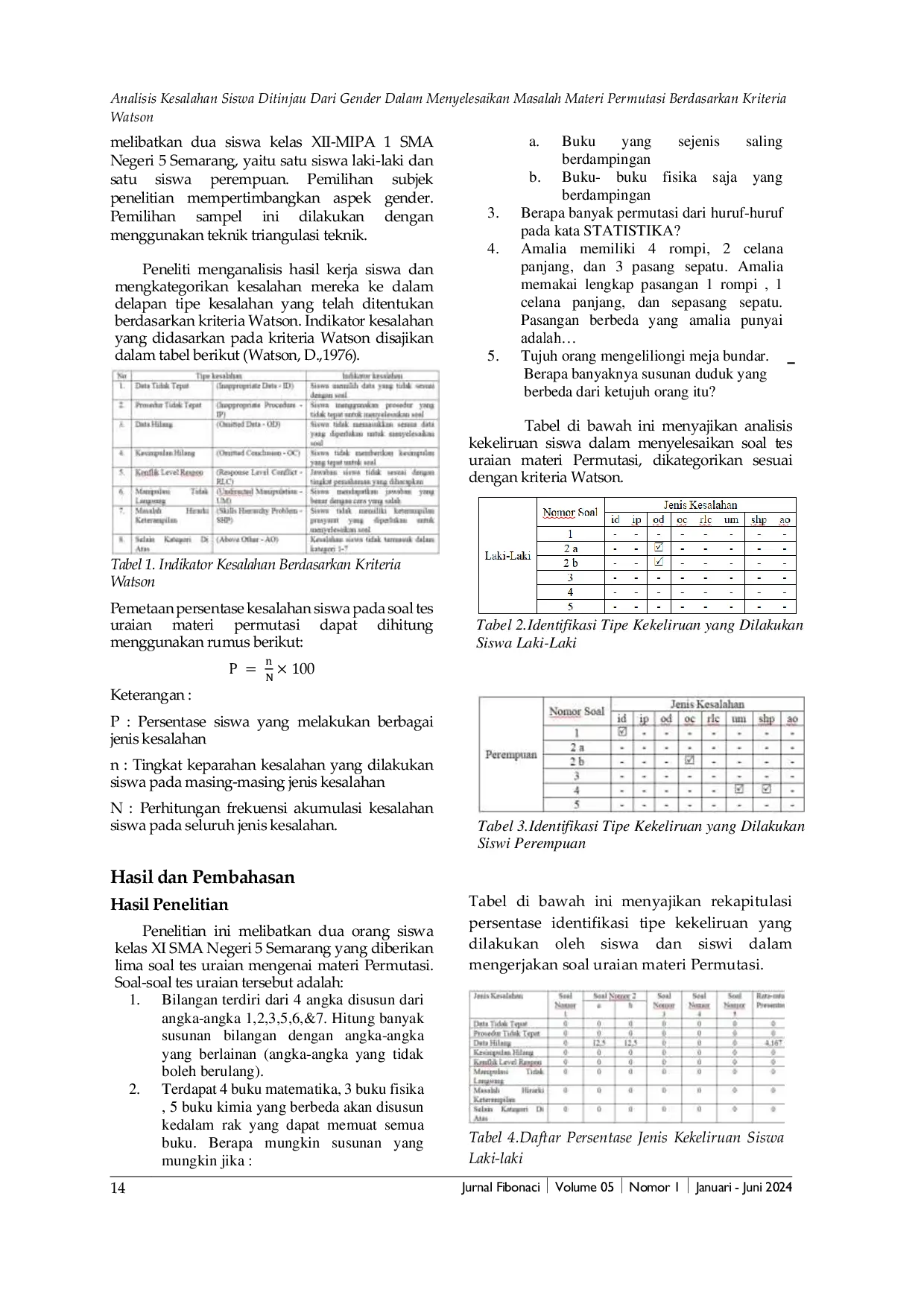 JURIS Analisis Kesalahan Siswa Ditinjau Dari Gender Dalam Menyelesaikan Masalah Materi Permutasi Berdasarkan Kriteria Watson