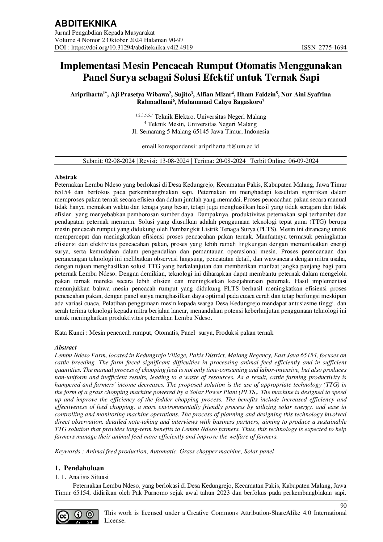 JURIS Implementasi Mesin Pencacah Rumput Otomatis Menggunakan Panel Surya sebagai Solusi Efektif untuk Ternak Sapi