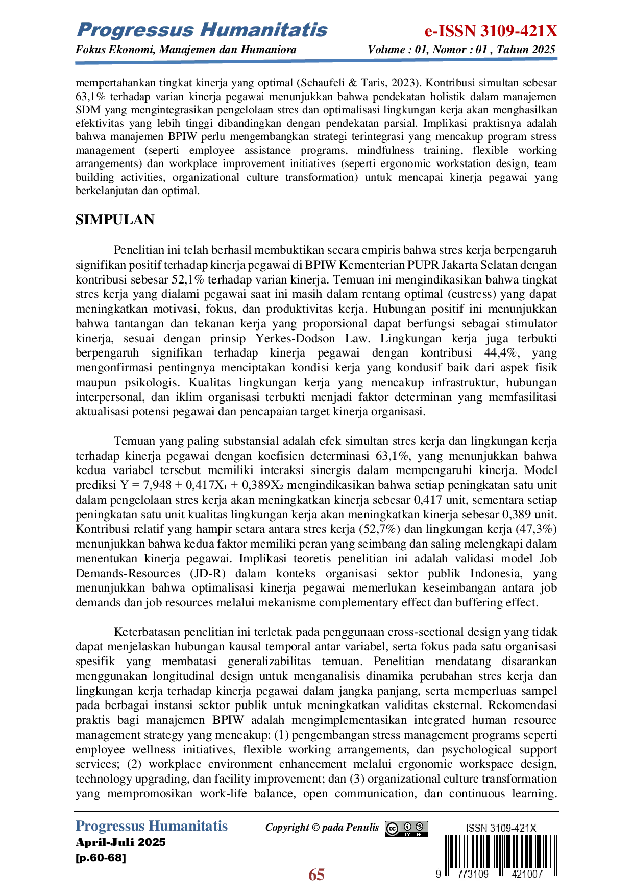 JURIS Pengaruh Tingkat Stress Pegawai dan Lingkungan Kerja terhadap Kinerja Pegawai di BPIW Kementerian PU Jakarta Selatan