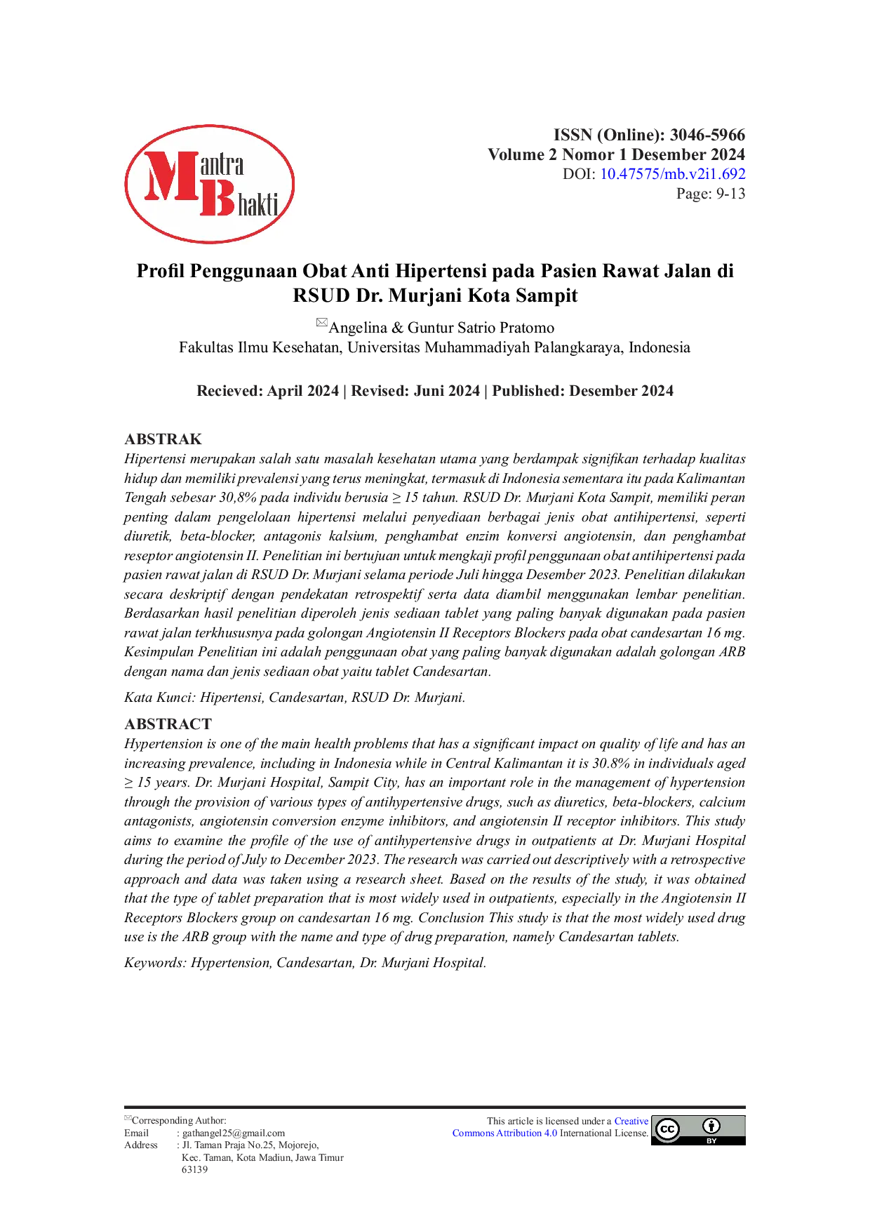 JURIS Profil Penggunaan Obat Anti Hipertensi pada Pasien Rawat Jalan di Rsud Dr Murjani Kota Sampit