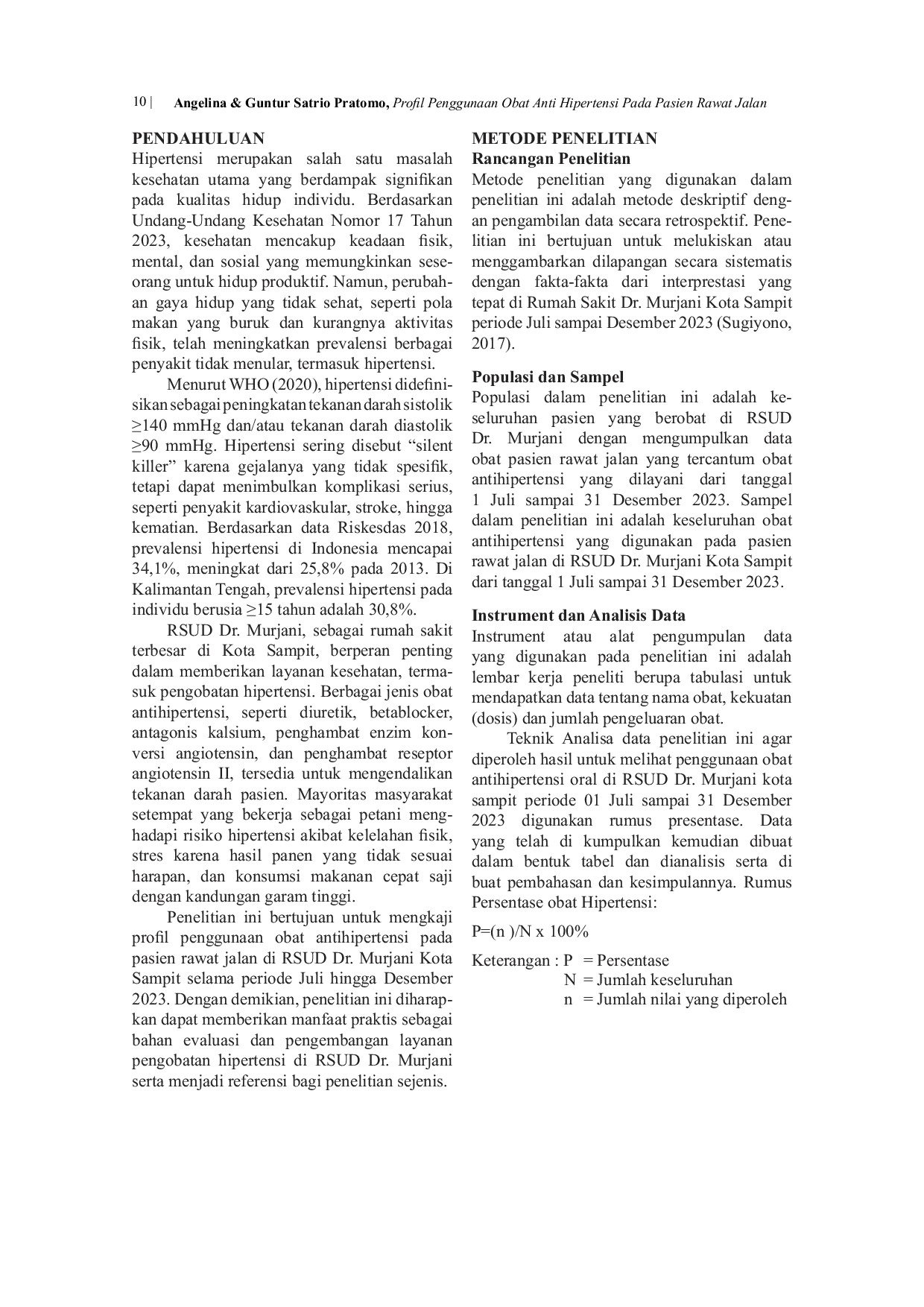 JURIS Profil Penggunaan Obat Anti Hipertensi pada Pasien Rawat Jalan di Rsud Dr Murjani Kota Sampit