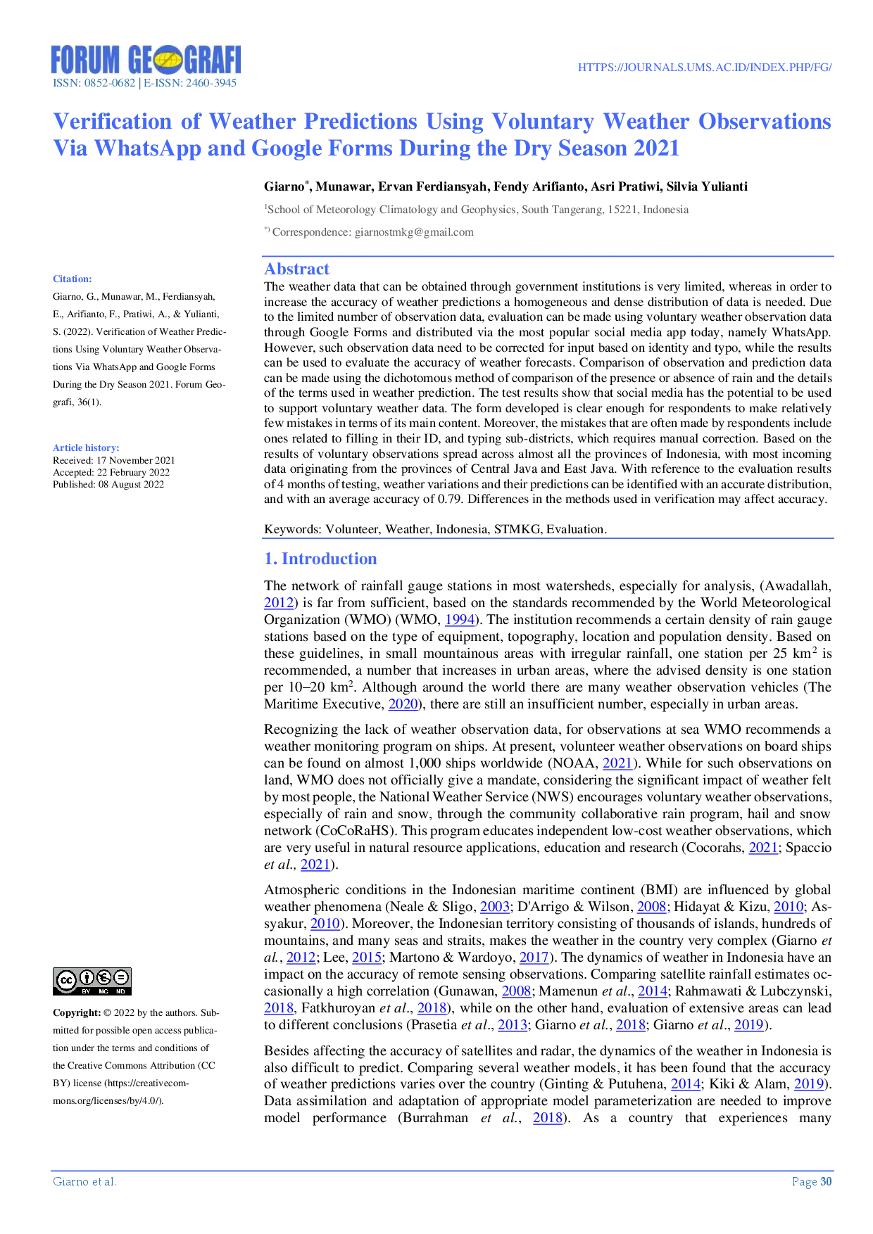 juris Verification of Weather Predictions Using Voluntary Weather Observations Via WhatsApp and Google Forms During the Dry Season 2021