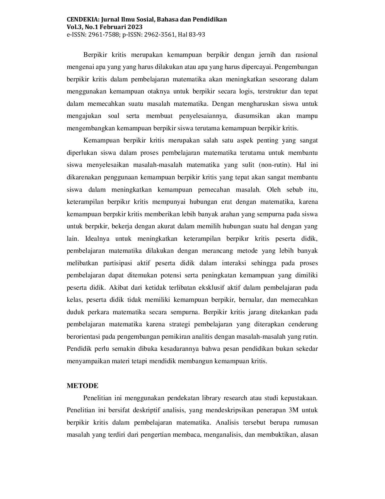 JURIS Menerapkan 3M untuk Meningkatkan Berpikir Kritis dalam Pembelajaran Matematika