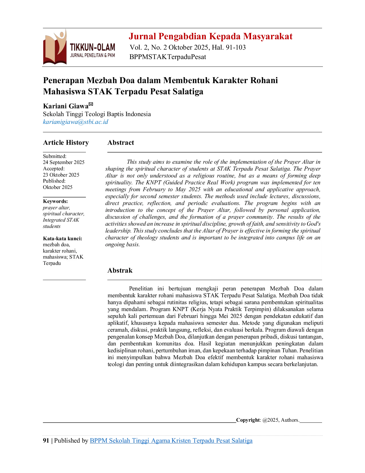 JURIS Penerapan Mezbah Doa dalam Membentuk Karakter Rohani Mahasiswa STAK Terpadu Pesat Salatiga