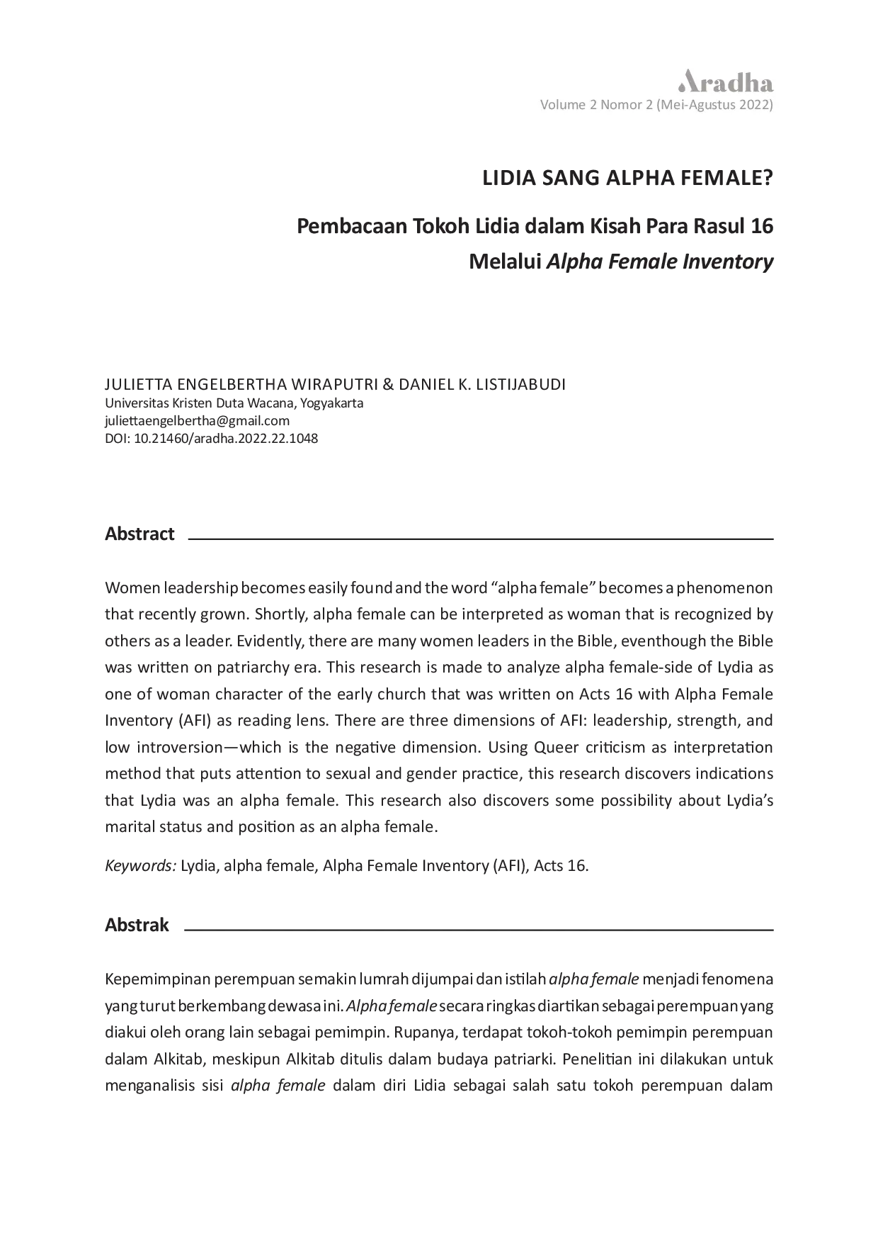 JURIS Lidia Sang Alpha Female Pembacaan Tokoh Lidia dalam Kisah Para Rasul 16 Melalui Alpha Female Inventory