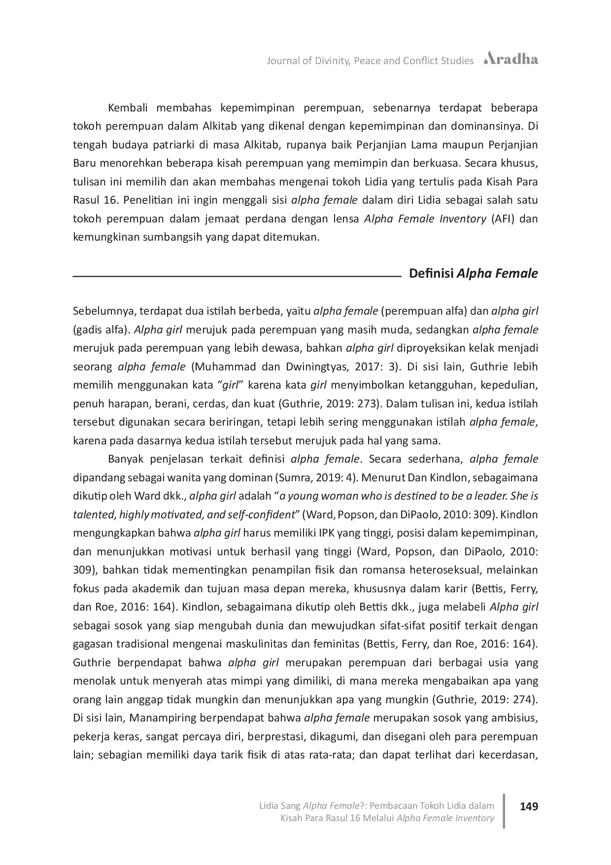 JURIS Lidia Sang Alpha Female Pembacaan Tokoh Lidia dalam Kisah Para Rasul 16 Melalui Alpha Female Inventory