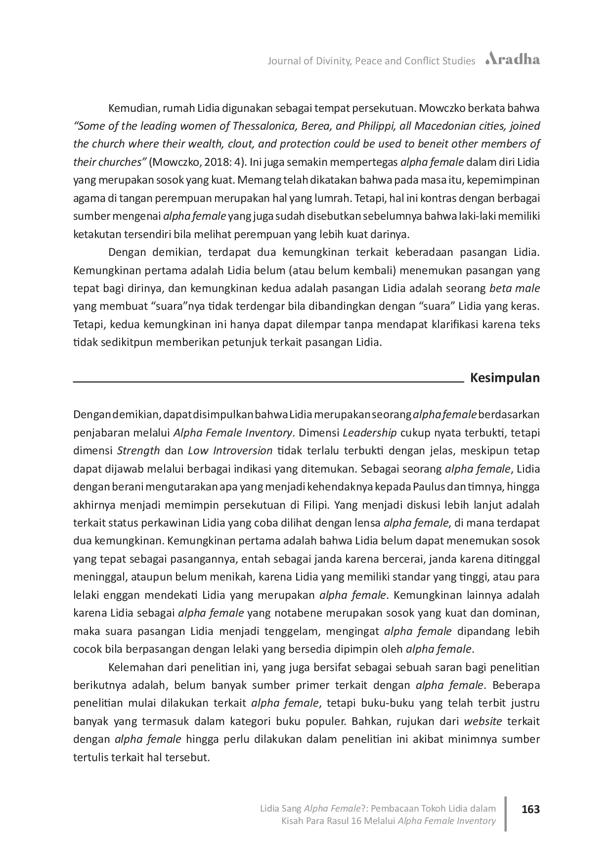 JURIS Lidia Sang Alpha Female Pembacaan Tokoh Lidia dalam Kisah Para Rasul 16 Melalui Alpha Female Inventory