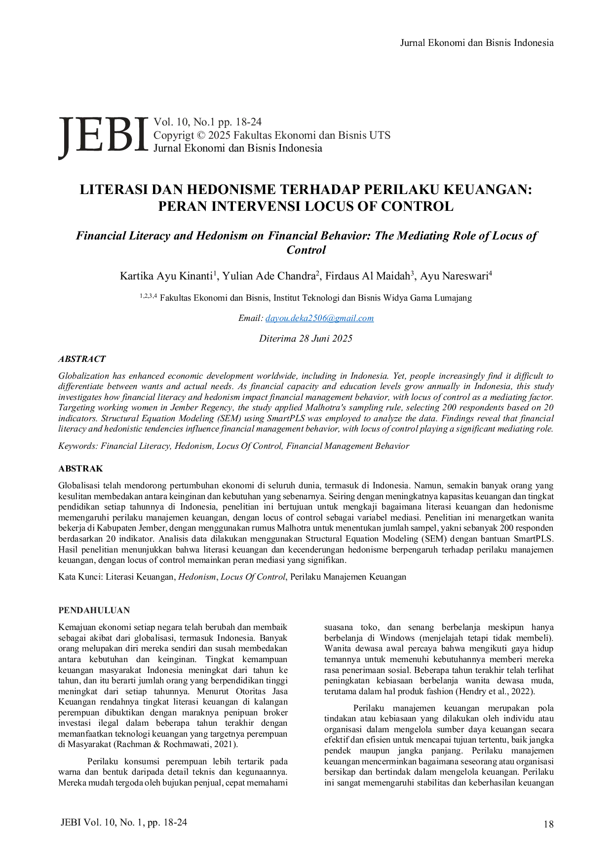 JURIS Financial Literacy and Hedonism on Financial Behavior The Mediating Role of Locus of Control