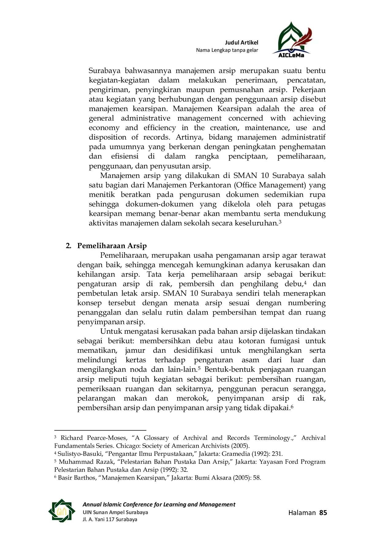 JURIS Manajemen Pemeliharaan dan Penyusutan Arsip di SMA Negeri 10 Surabaya