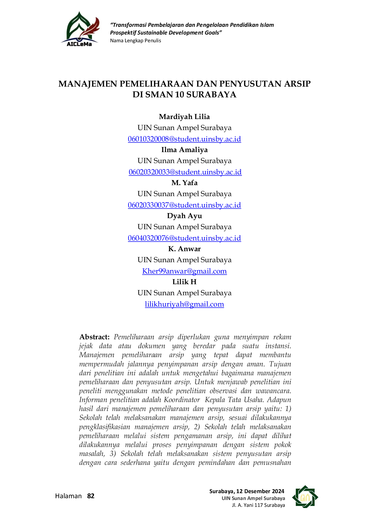 JURIS Manajemen Pemeliharaan dan Penyusutan Arsip di SMA Negeri 10 Surabaya