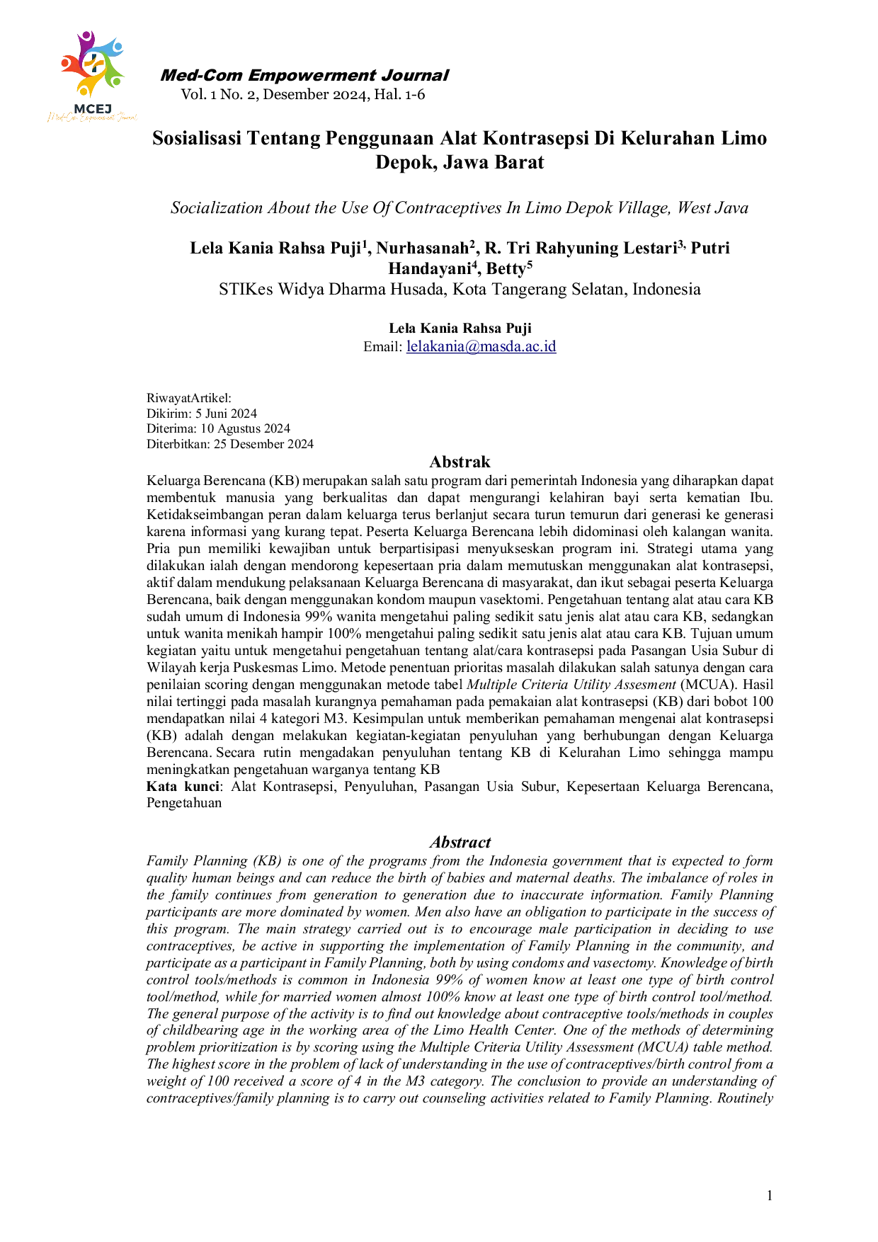 JURIS The Socialization About The Use Of Contraceptives In Limo Depok Village West Java