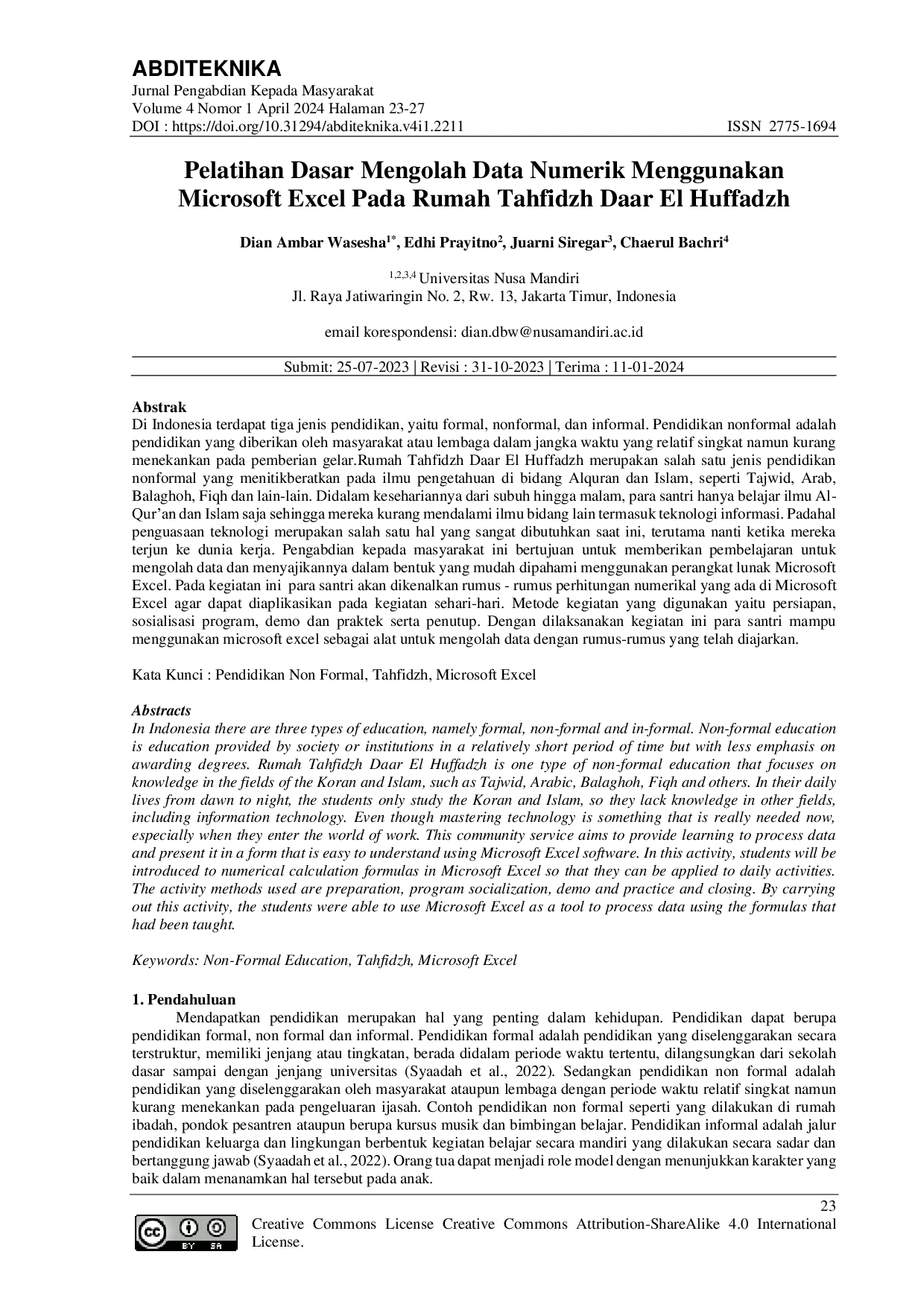 JURIS Pelatihan Dasar Mengolah Data Numerik Menggunakan Microsoft Excel Pada Rumah Tahfidzh Daar El Huffadzh