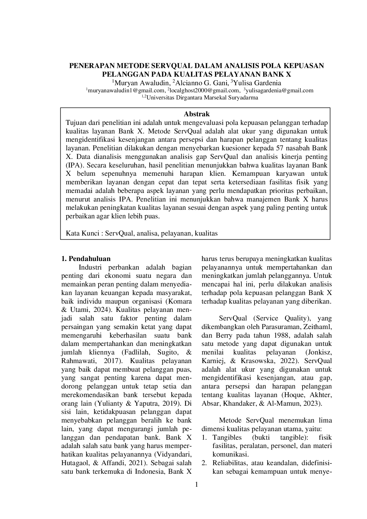 JURIS Penerapan Metode Servqual Dalam Analisis Pola Kepuasan Pelanggan Pada Kualitas Pelayanan Bank X