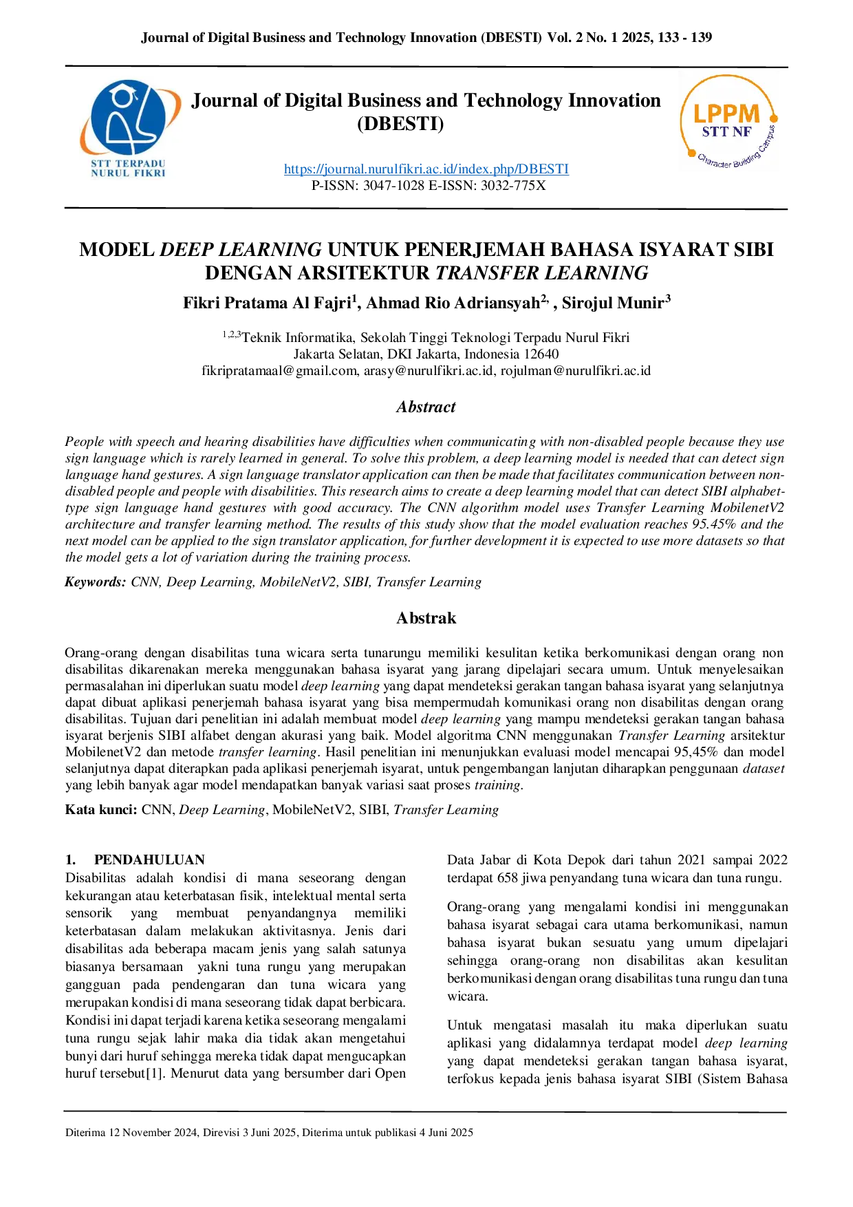 JURIS Deep Learning Model For Sibi Sign Language Translator Sibi Sign Language Translator With Transfer Learning Architecture