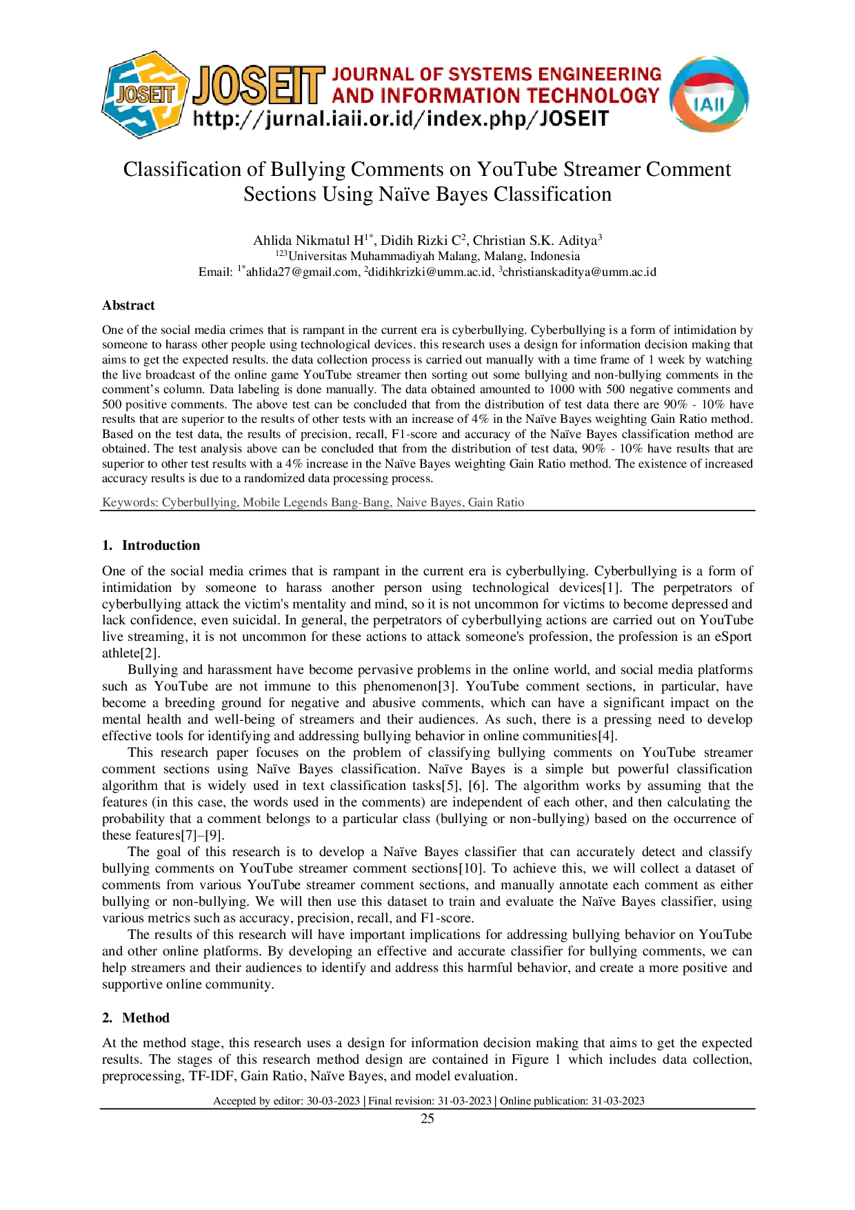 JURIS Classification of Bullying Comments on YouTube Streamer Comment Sections Using Na ve Bayes Classification