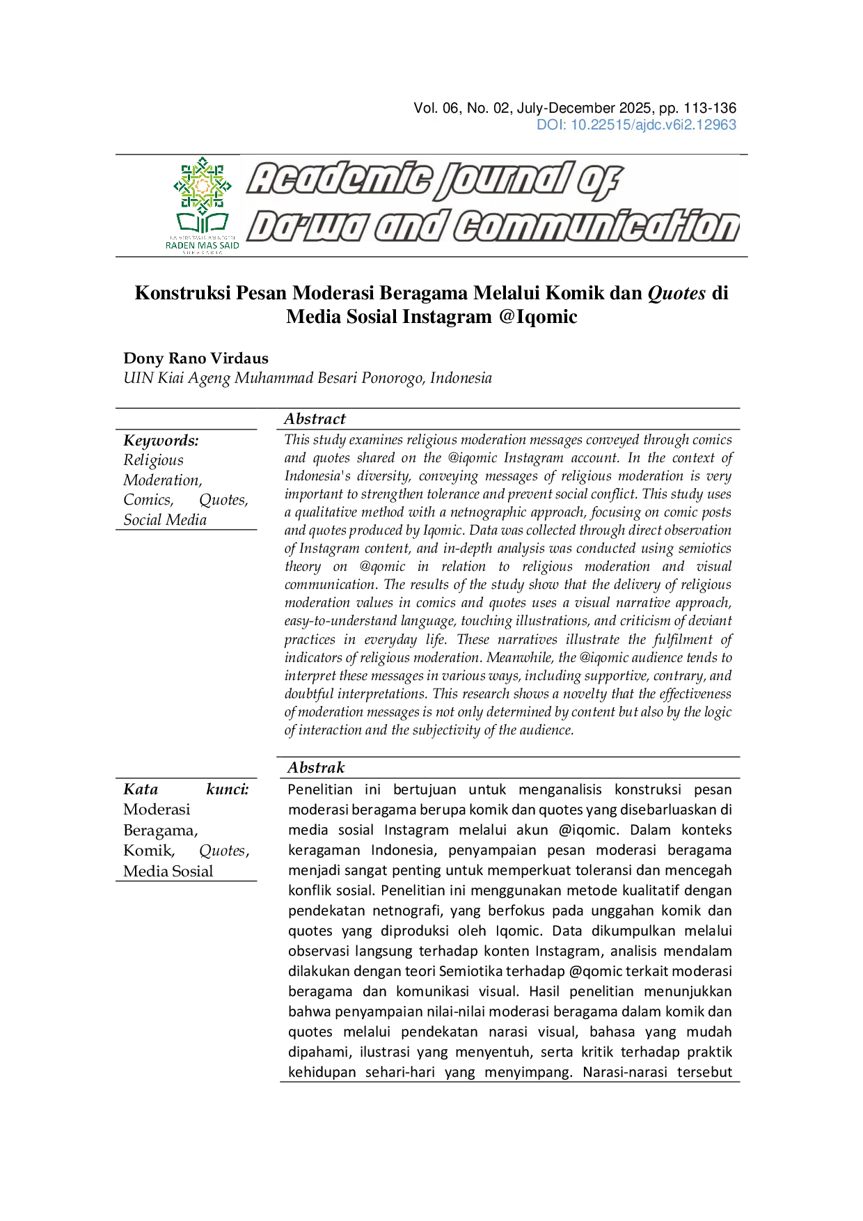 JURIS Konstruksi Pesan Moderasi Beragama Melalui Komik dan Quotes di Media Sosial Instagram Iqomic