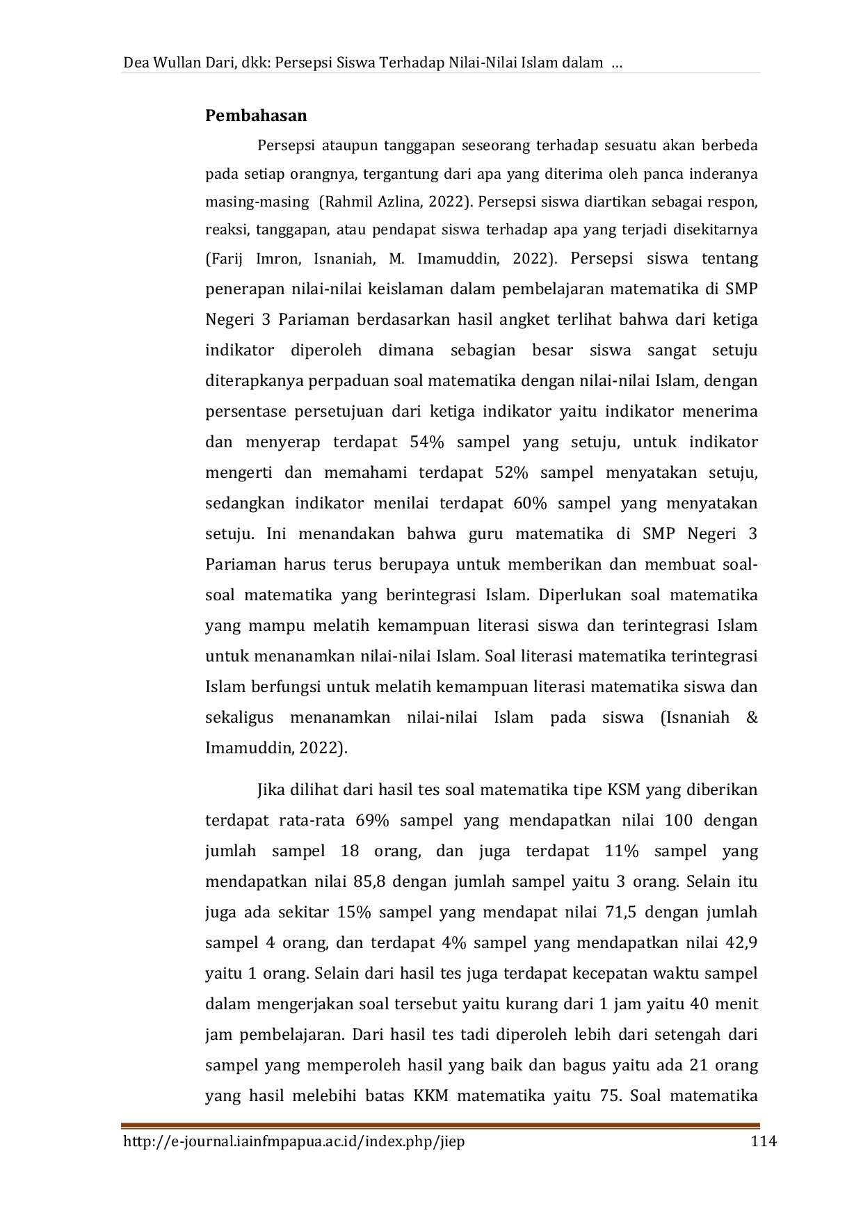 JURIS Persepsi Siswa Terhadap Nilai Nilai Islam Dalam Pembelajaran Matematika