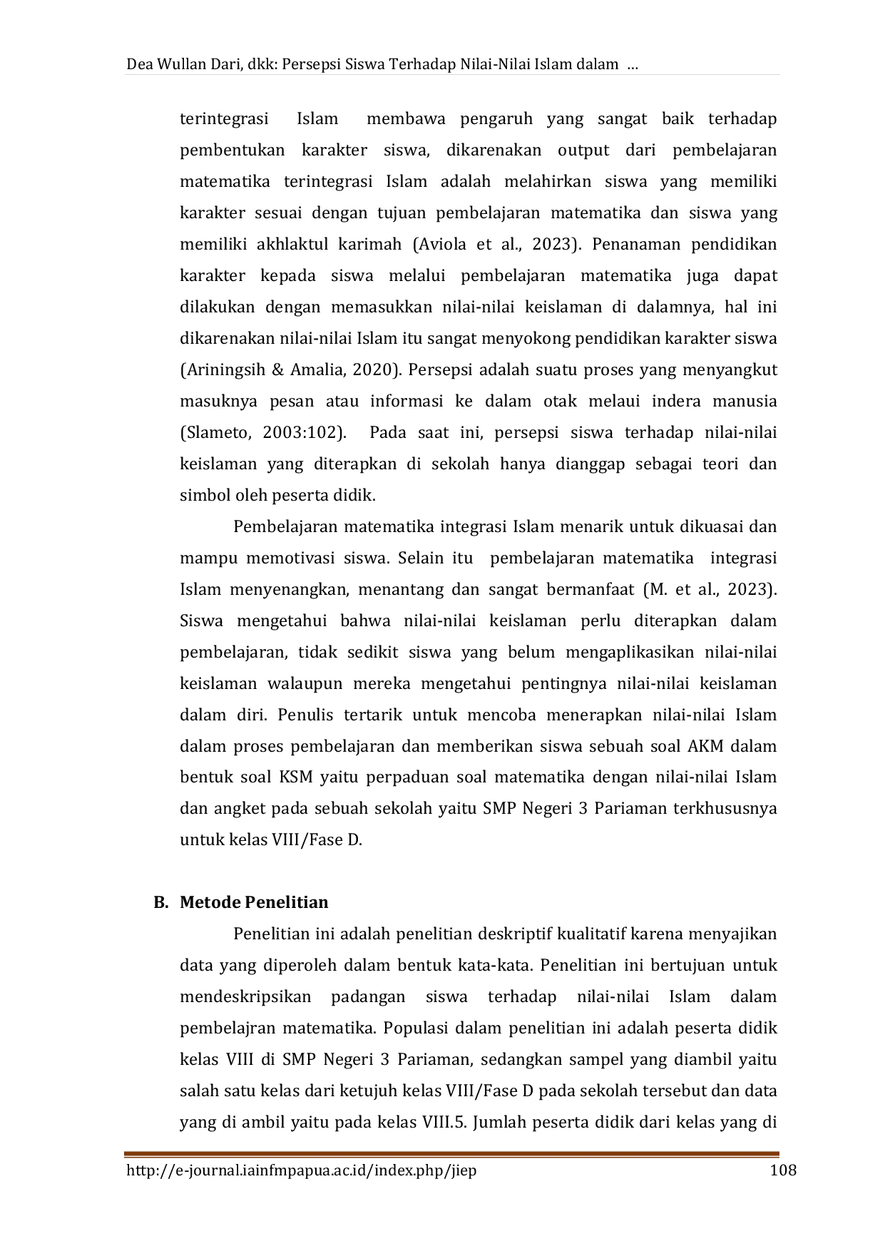 JURIS Persepsi Siswa Terhadap Nilai Nilai Islam Dalam Pembelajaran Matematika