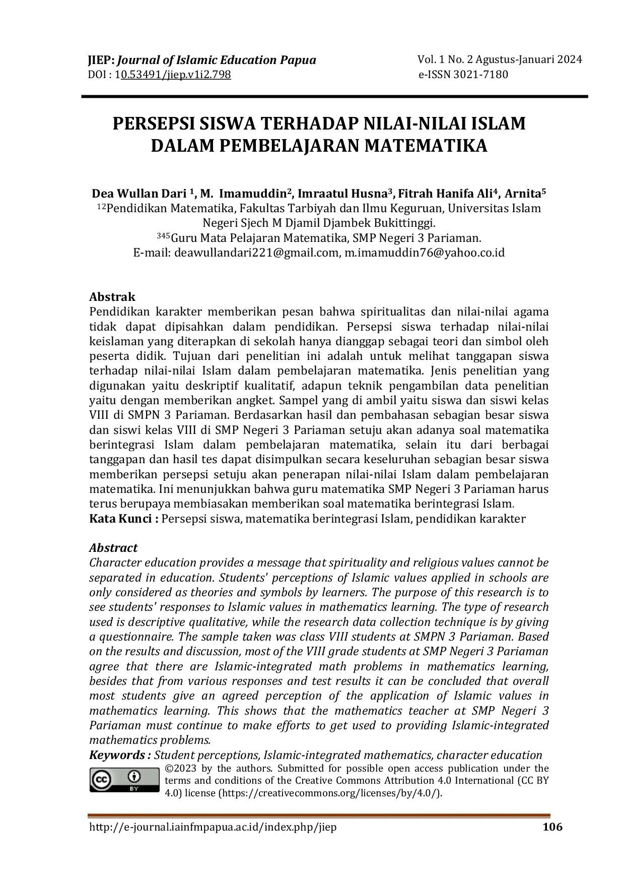 JURIS Persepsi Siswa Terhadap Nilai Nilai Islam Dalam Pembelajaran Matematika