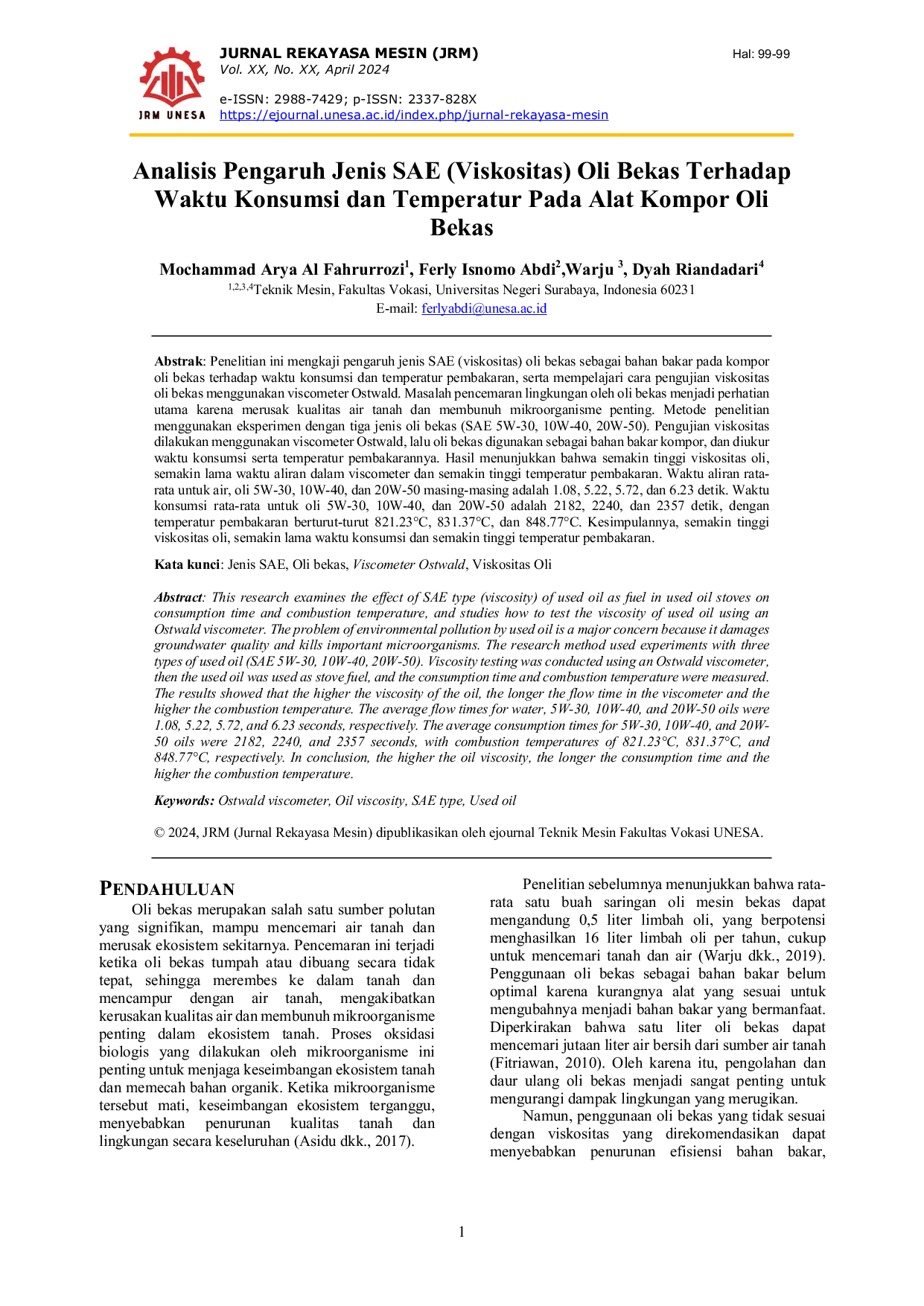 JURIS Analisis Pengaruh Jenis SAE Viskositas Oli Bekas Terhadap Waktu Konsumsi dan Temperatur pada Alat Kompor Oli Bekas