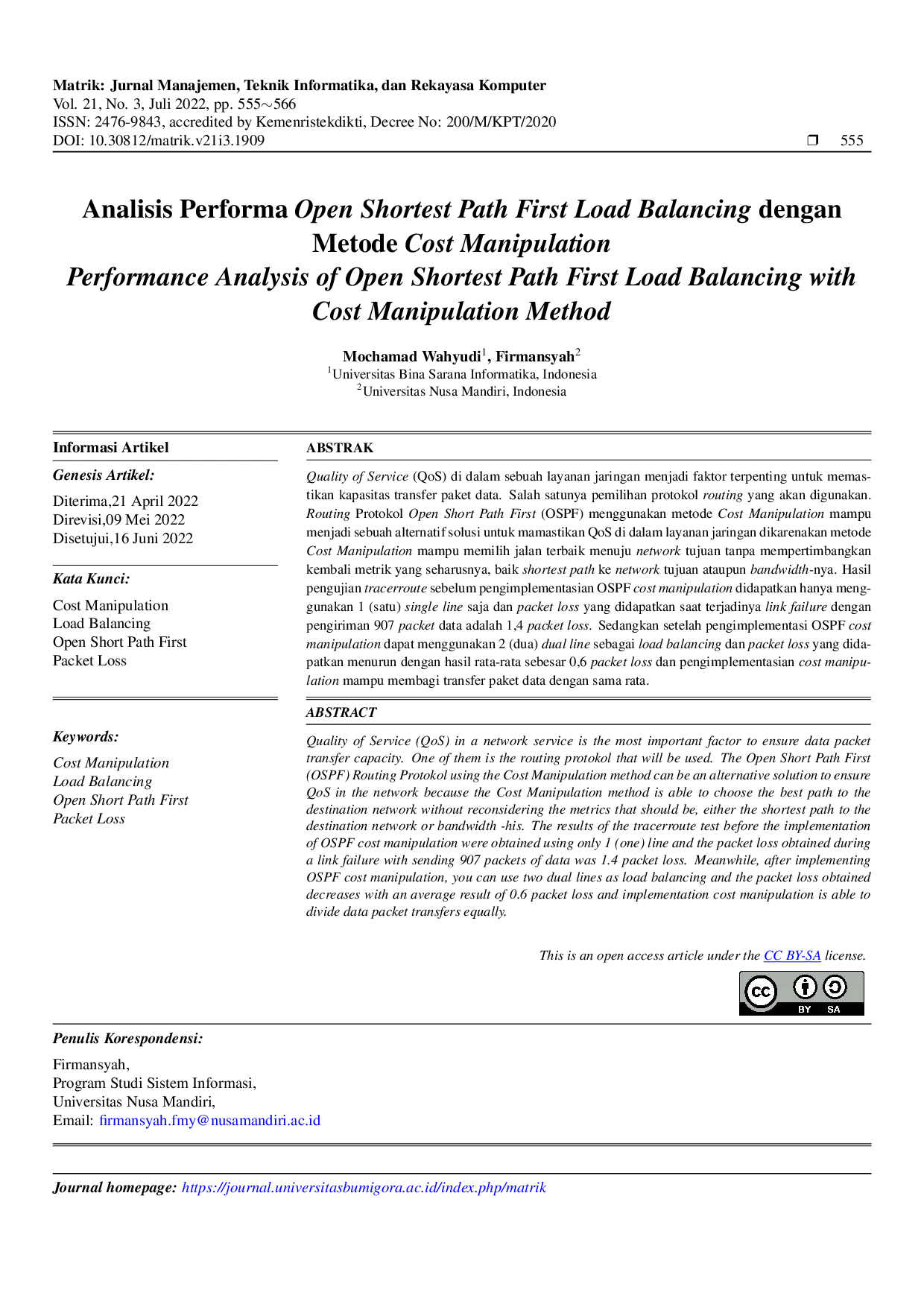 JURIS Analisis Performa Open Shortest Path First Load Balancing dengan Metode Cost Manipulation