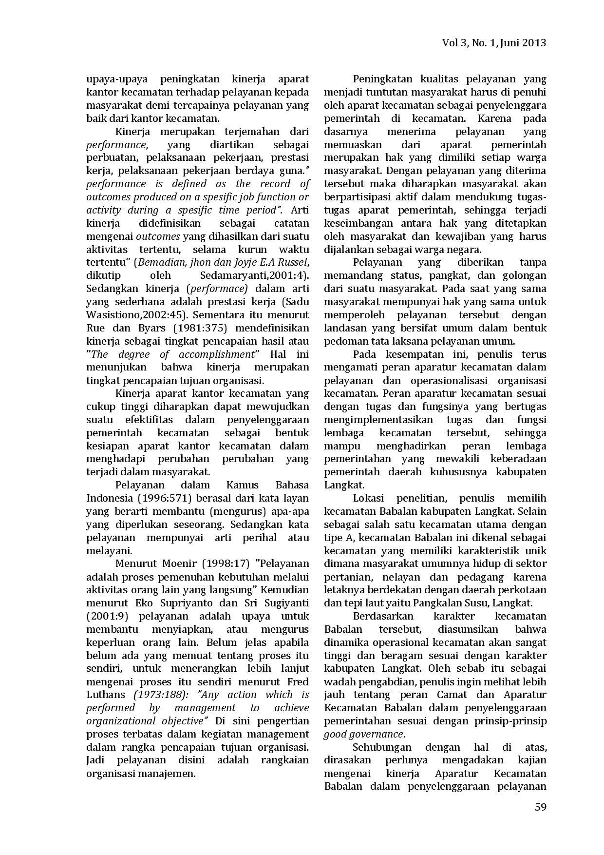juris Analisis Kinerja Aparatur Kecamatan Dalam Penyelenggaraan Pelayanan Kepada Masyarakat Studi pada Kecamatan Babalan Kabupaten Langkat