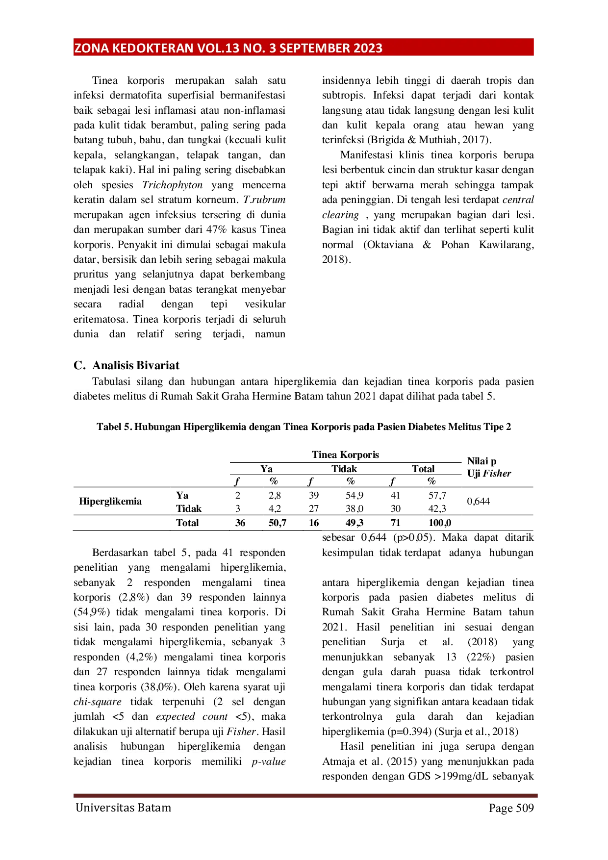 JURIS Hubungan Hiperglikemia Dengan Tinea Korporis Pada Pasien Diabetes Melitus Tipe 2 Di Rumah Sakit Graha Hermine Batam Tahun 2021