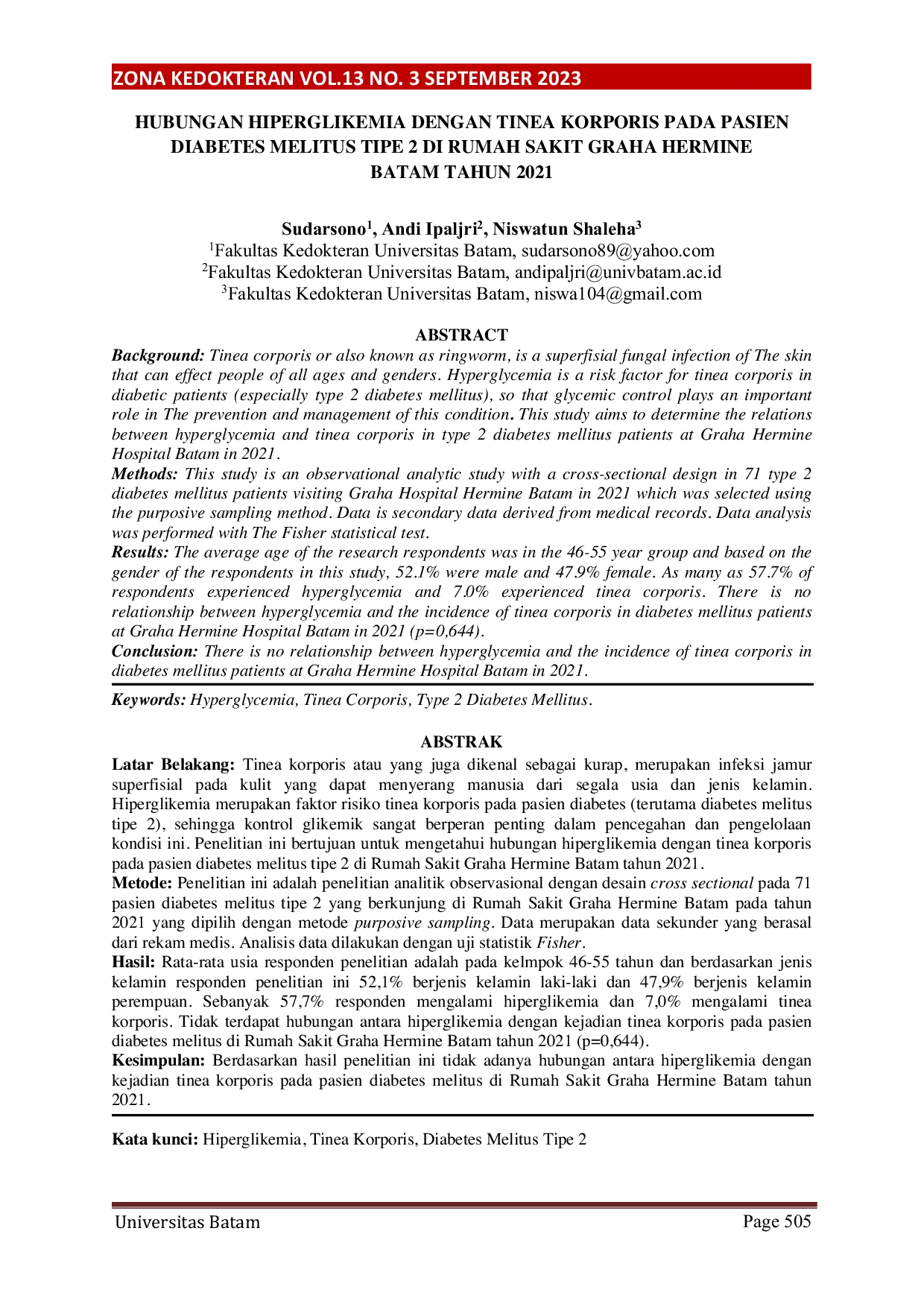 JURIS Hubungan Hiperglikemia Dengan Tinea Korporis Pada Pasien Diabetes Melitus Tipe 2 Di Rumah Sakit Graha Hermine Batam Tahun 2021