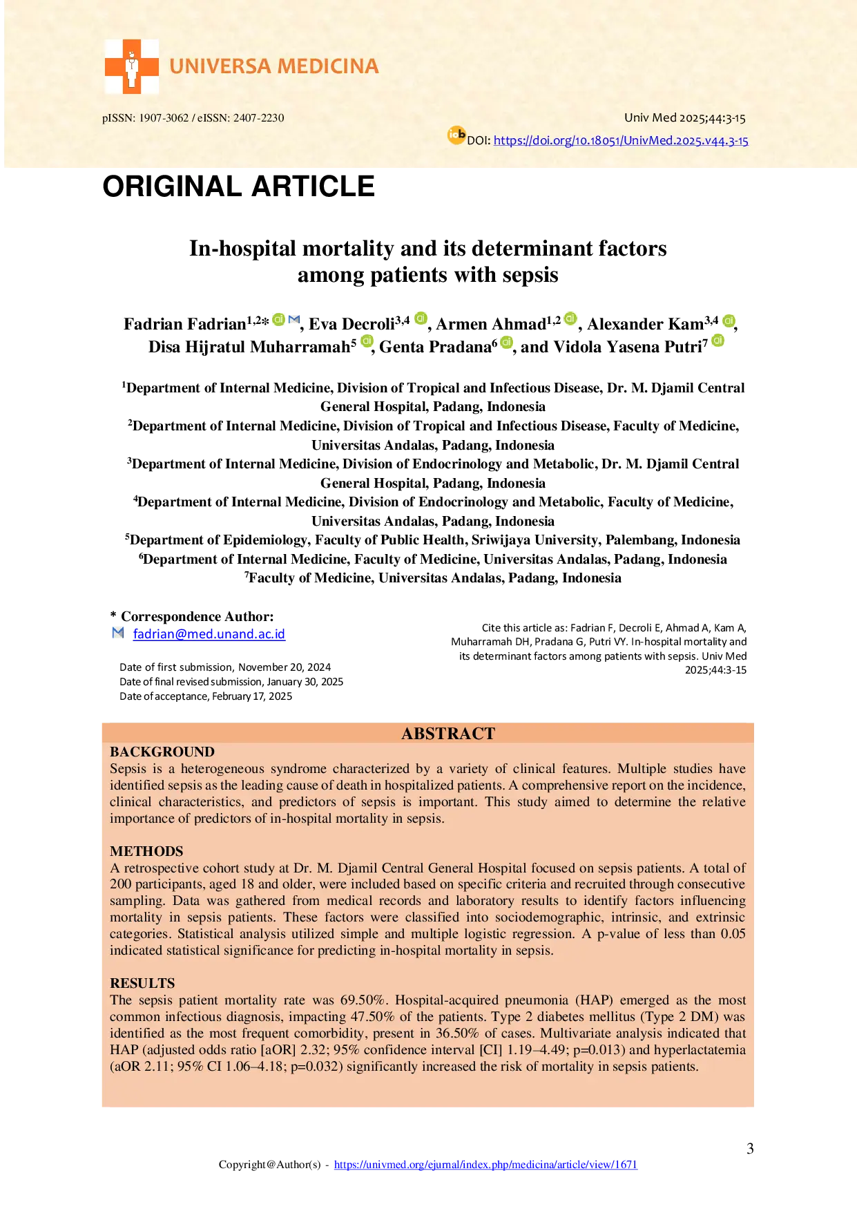 JURIS In hospital Mortality and Its Determinant Factors Among Patients with Sepsis