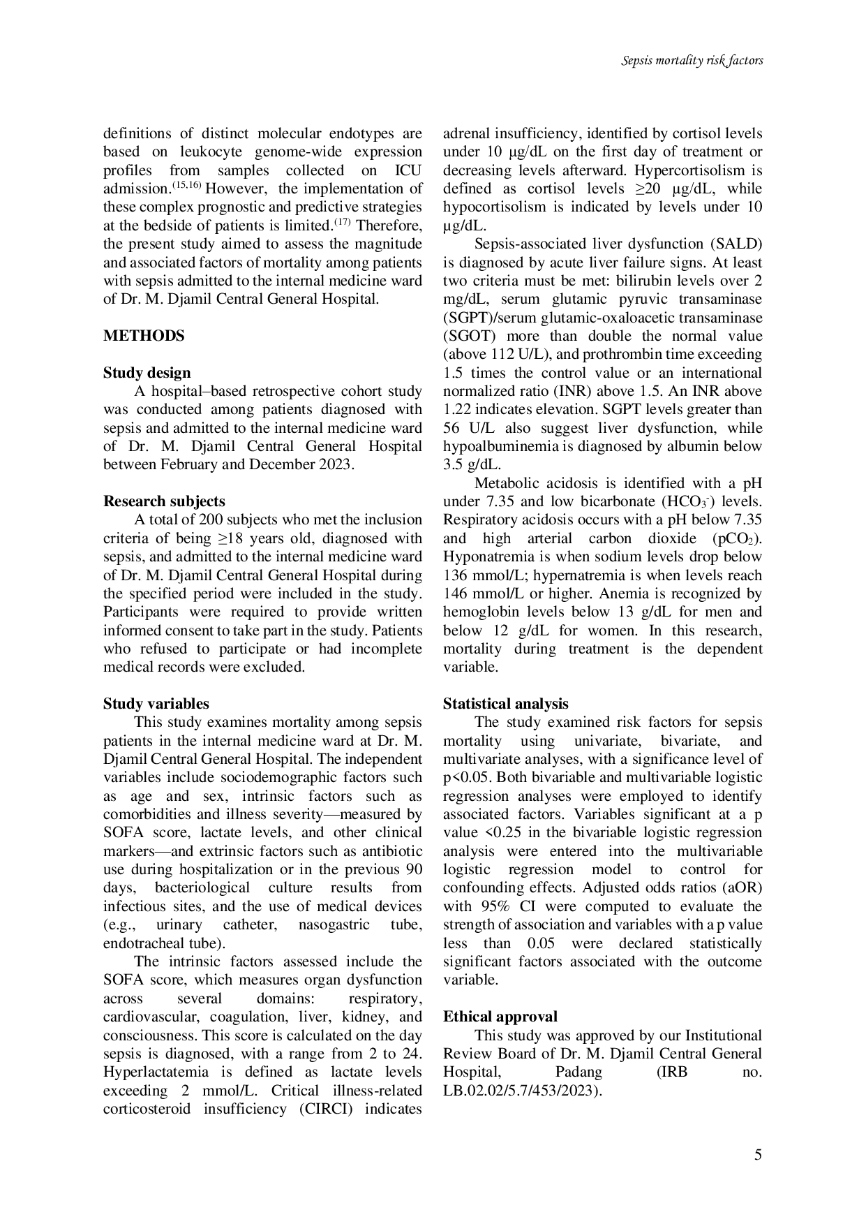 JURIS In hospital Mortality and Its Determinant Factors Among Patients with Sepsis