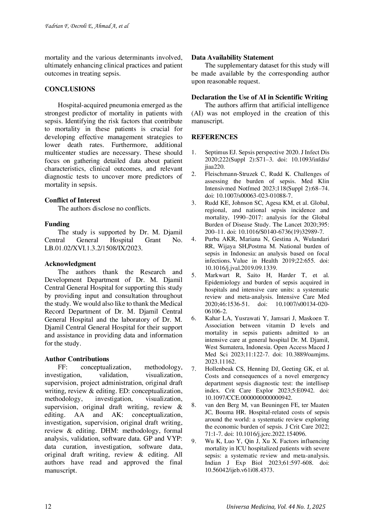 JURIS In hospital Mortality and Its Determinant Factors Among Patients with Sepsis