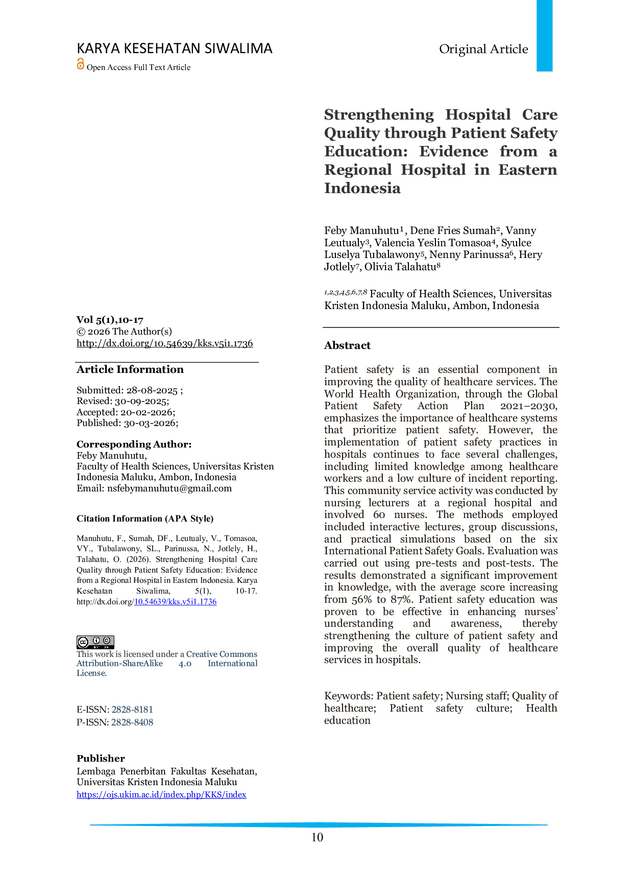 JURIS Strengthening Hospital Care Quality through Patient Safety Education Evidence from a Regional Hospital in Eastern Indonesia