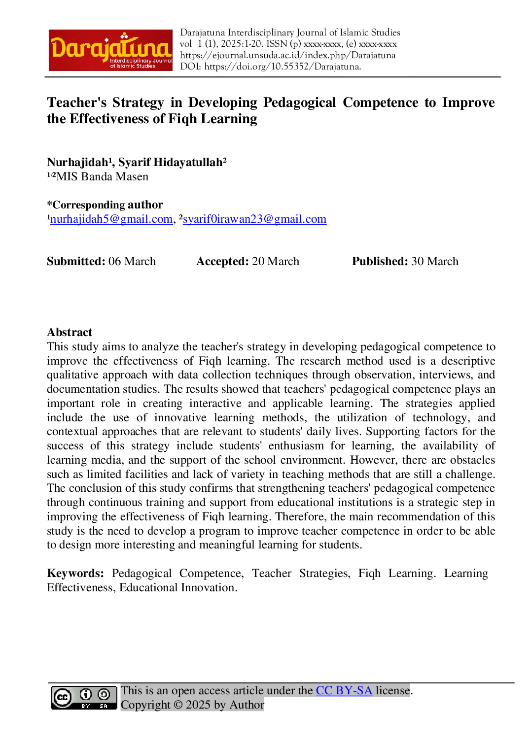 JURIS Teacher s Strategy in Developing Pedagogical Competence to Improve the Effectiveness of Fiqh Learning