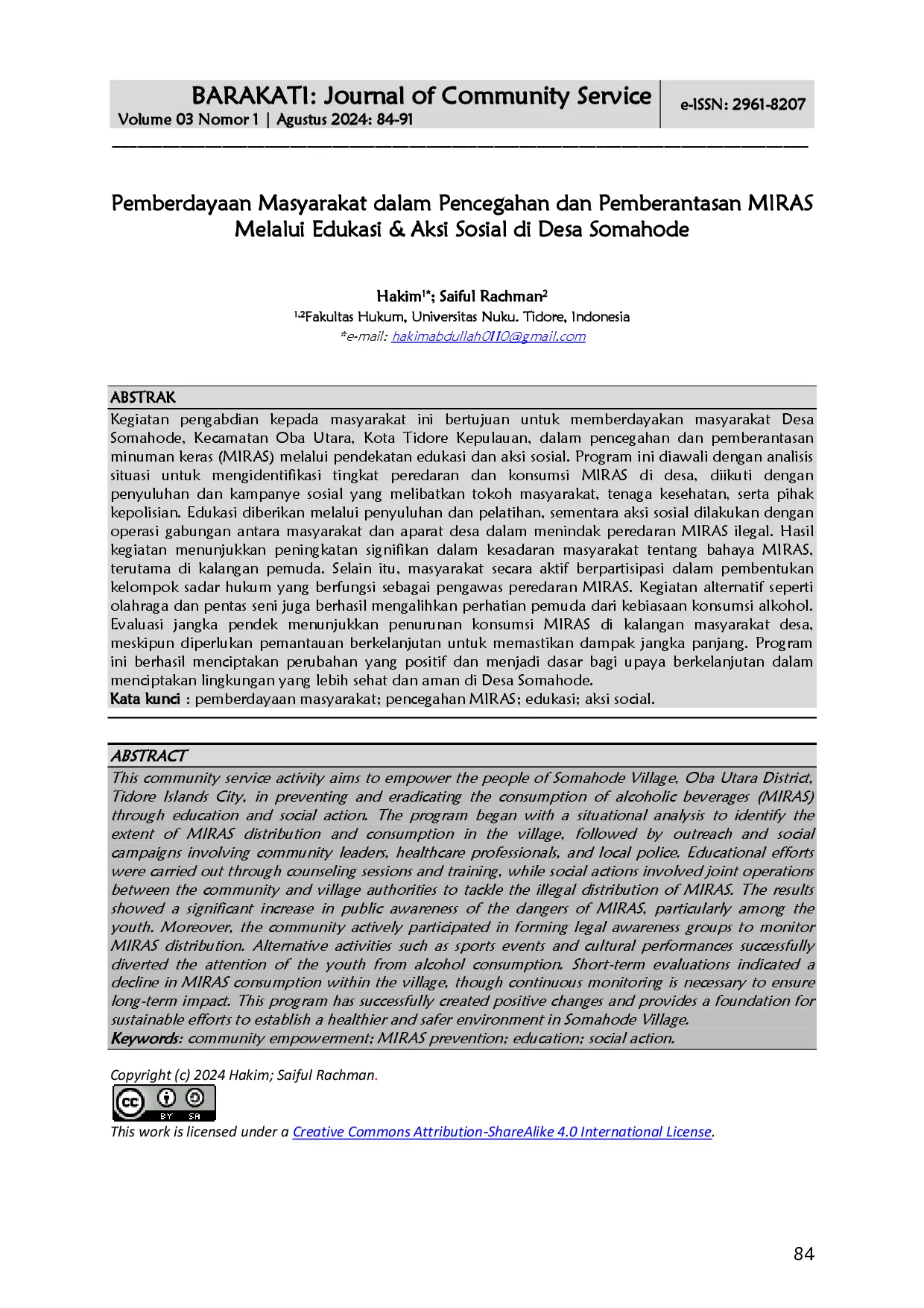 juris Pemberdayaan Masyarakat dalam Pencegahan dan Pemberantasan MIRAS Melalui Edukasi Aksi Sosial di Desa Somahode