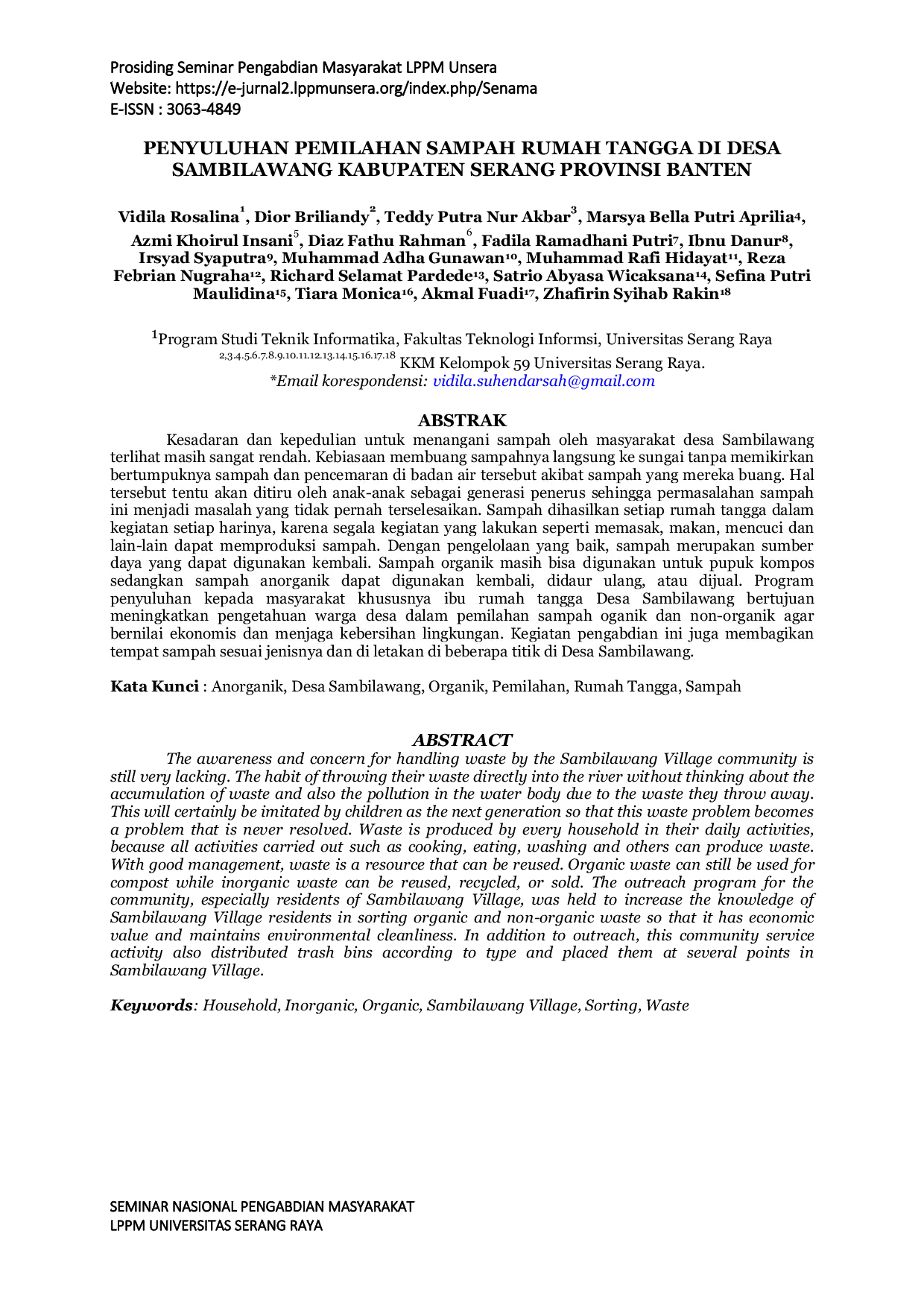 JURIS Penyuluhan Pemilahan Sampah Rumah Tangga di Desa Sambilawang Kabupaten Serang Provinsi Banten