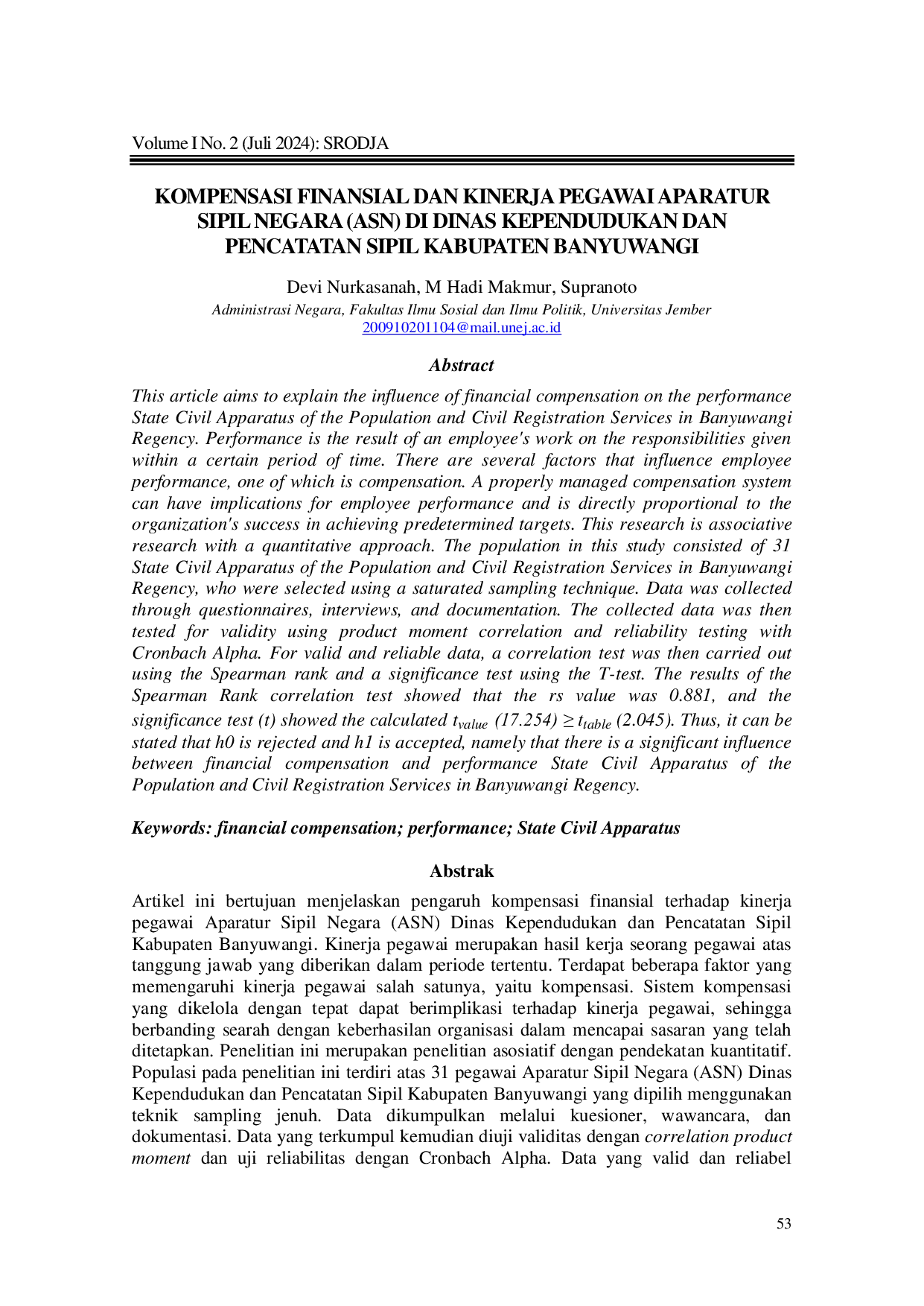 JURIS Kompensasi Finansial Dan Kinerja Pegawai Aparatur Sipil Negara ASN Di Dinas Kependudukan Dan Pencatatan Sipil Kabupaten Banyuwangi
