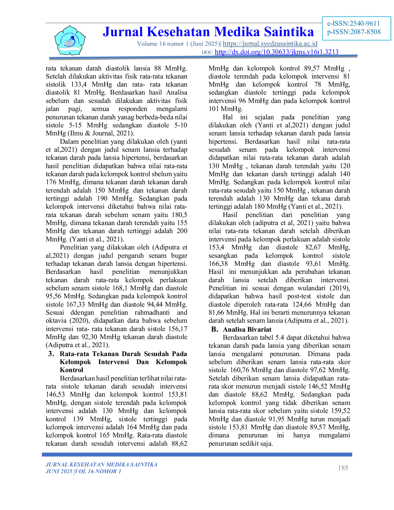 JURIS Pengaruh Senam Lansia Terhadap Tekanan Darah Pada Lansia Hipertensi Di Wilayah Kerja Puskesmas Muaro Paiti Tahun 2024