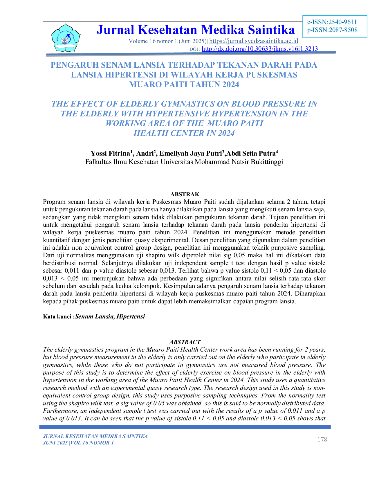 JURIS Pengaruh Senam Lansia Terhadap Tekanan Darah Pada Lansia Hipertensi Di Wilayah Kerja Puskesmas Muaro Paiti Tahun 2024