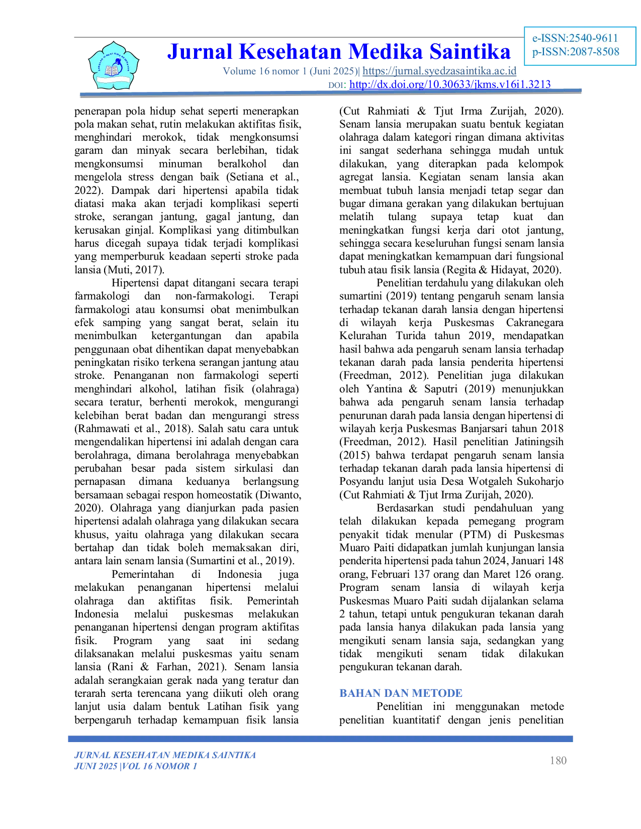 JURIS Pengaruh Senam Lansia Terhadap Tekanan Darah Pada Lansia Hipertensi Di Wilayah Kerja Puskesmas Muaro Paiti Tahun 2024