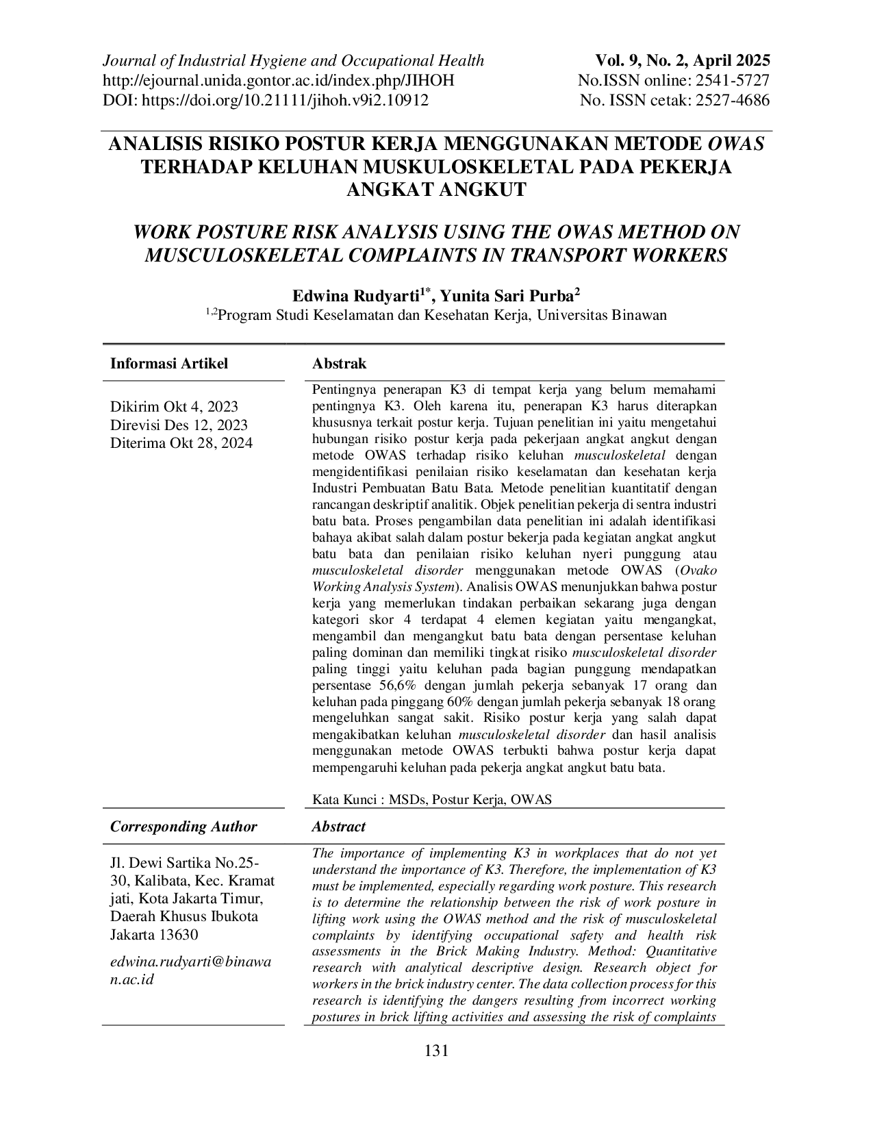 JURIS Analisis Risiko Postur Kerja Menggunakan Metode OWAS Terhadap Keluhan Muskuloskeletal Pada Pekerja Angkat Angkut