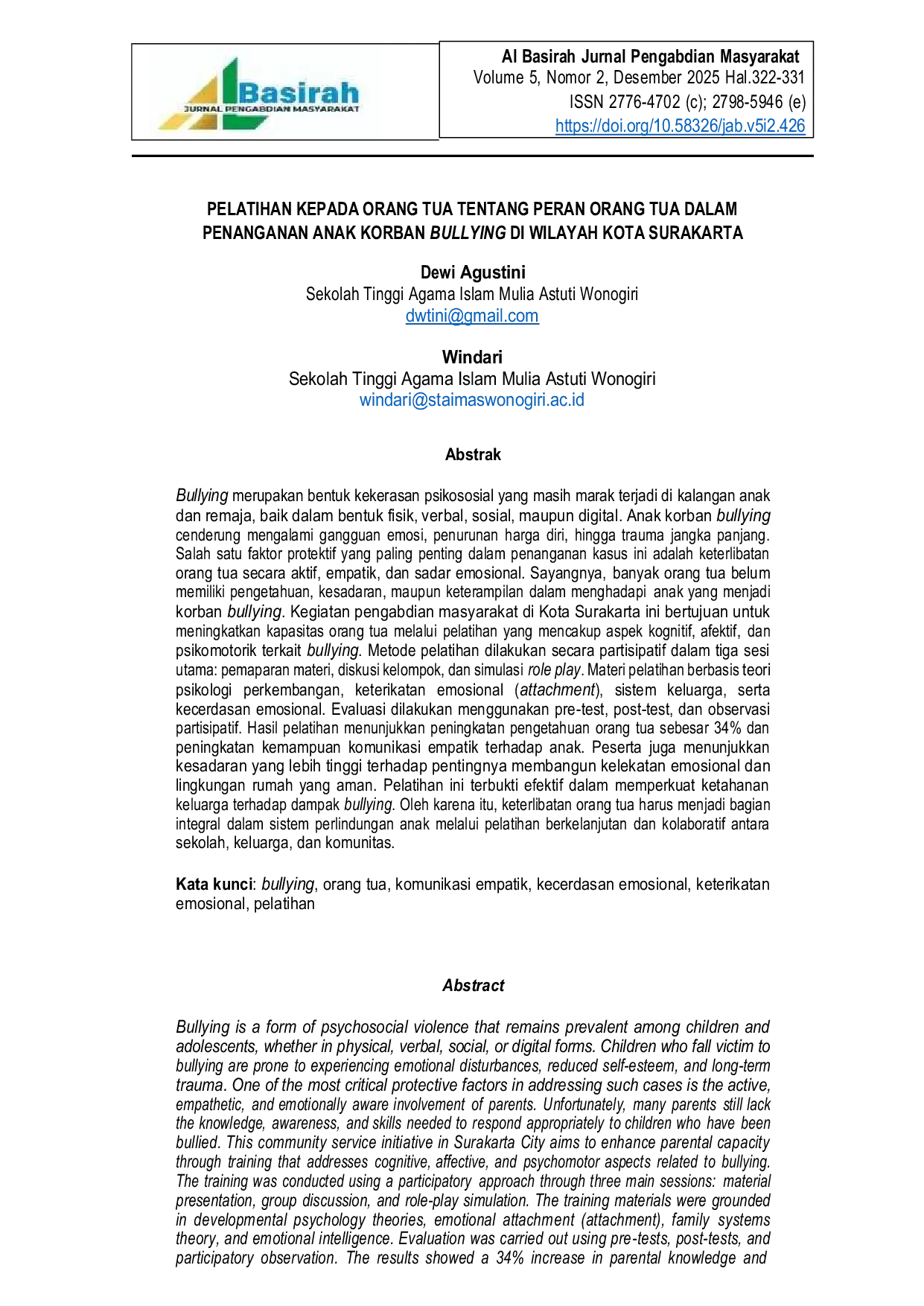 JURIS Pelatihan kepada Orang Tua tentang Peran Orang Tua dalam Penanganan Anak Korban Bullying Di Wilayah kota Surakarta