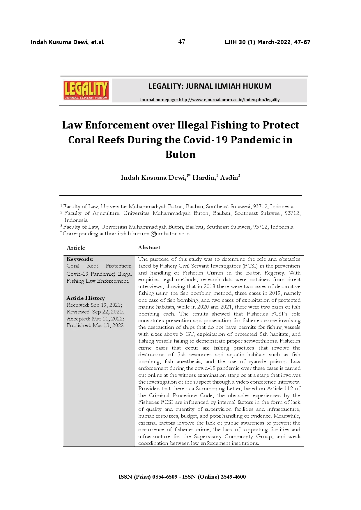 juris Law enforcement over illegal fishing to protect coral reefs during the Covid 19 pandemic in Buton